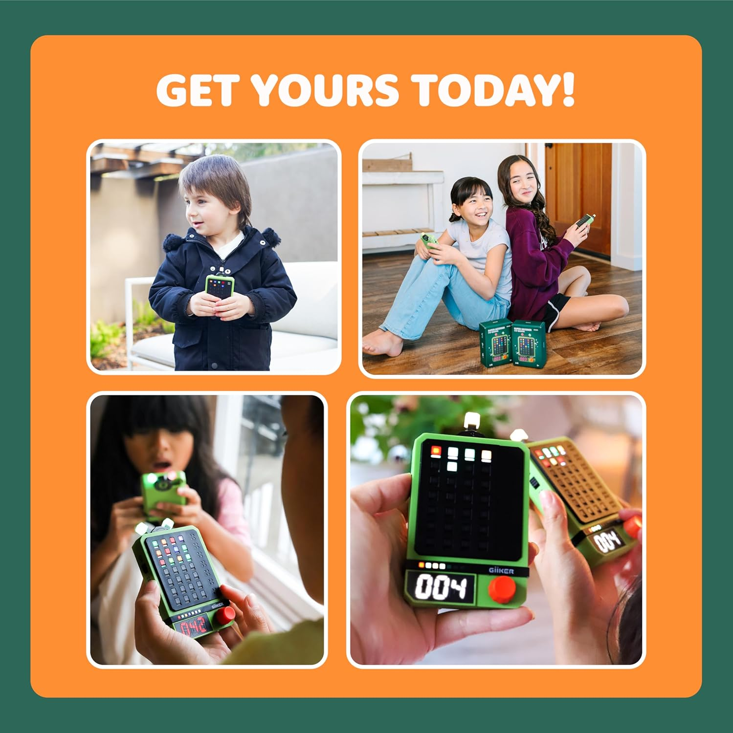 Small boy in jacket holds a green device. Two girls sit on floor with devices.