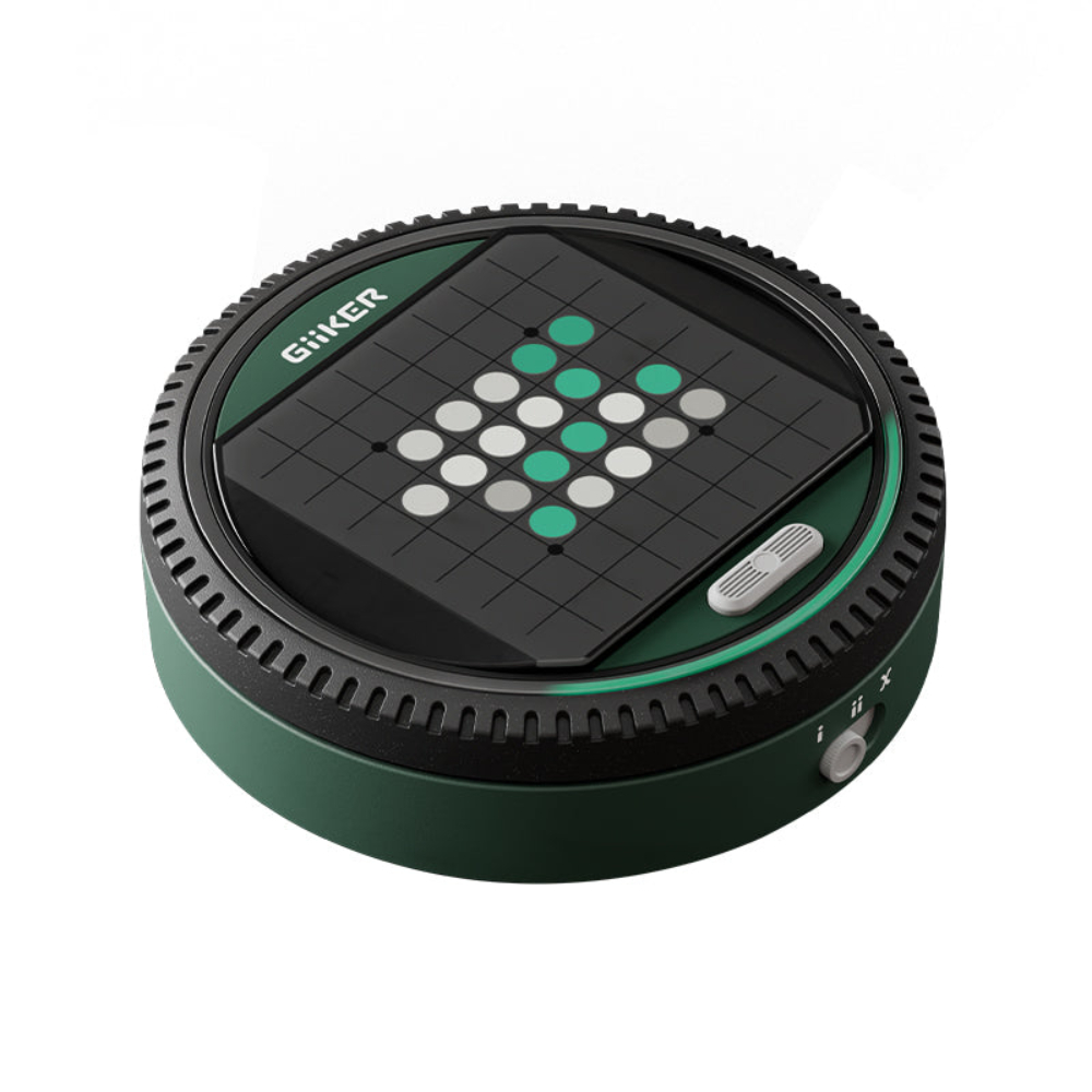 Round green game device with GiiKER logo and a grid game with white and green dots.