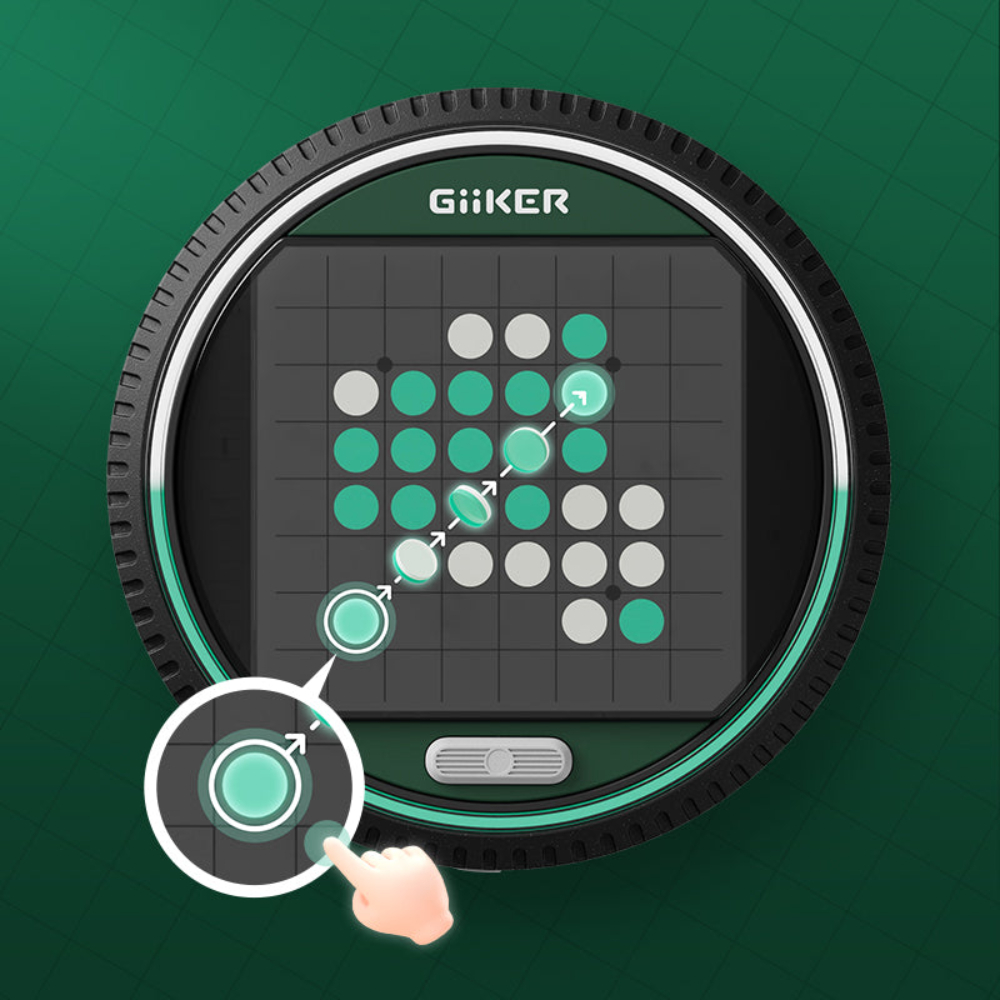 A Giiker game board with green and white circles, a hand tapping a circle.