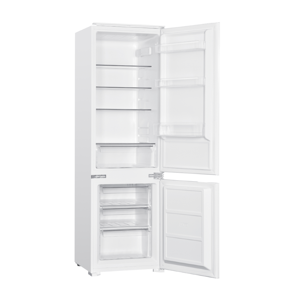 Een witte koelkast met open deuren, leeg.