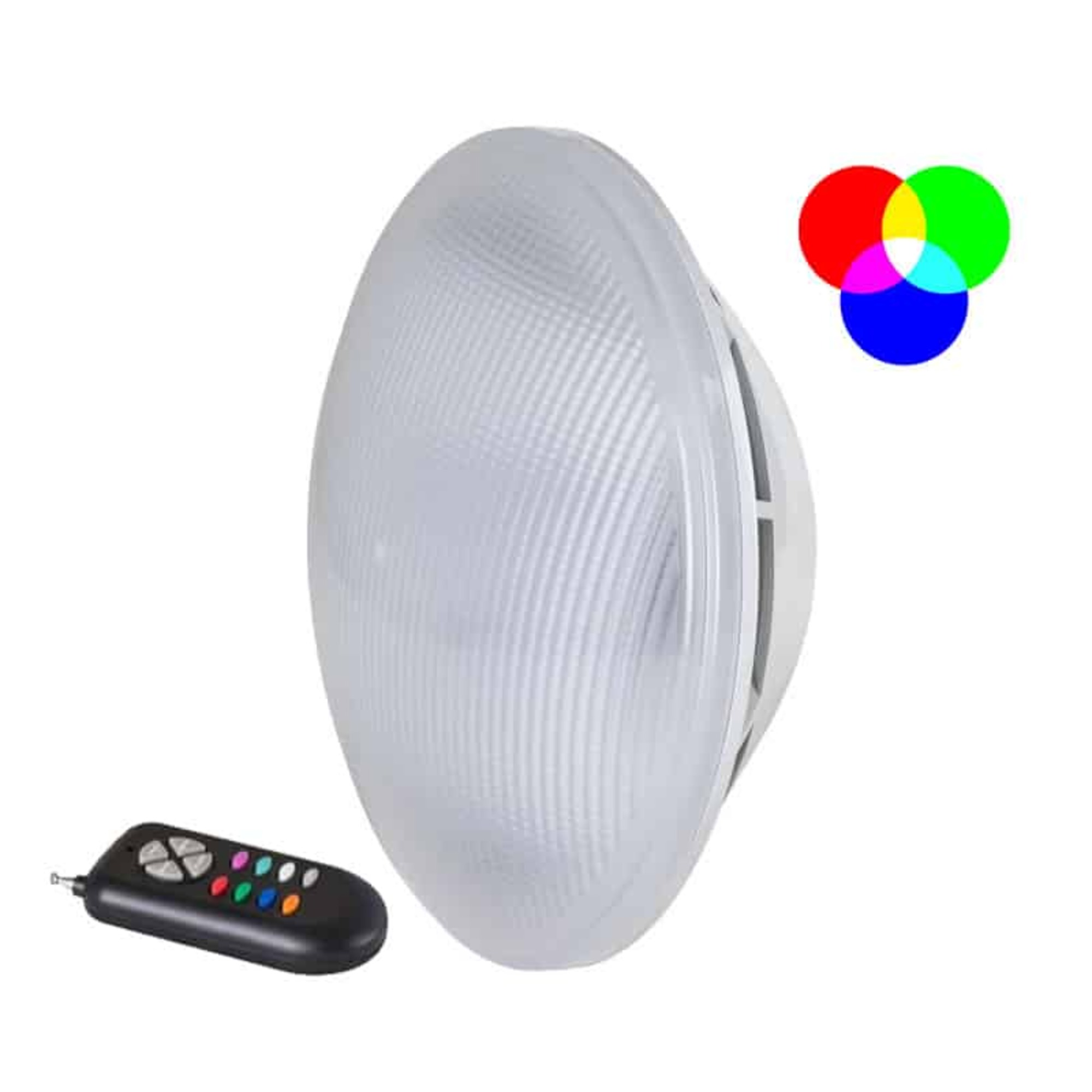 Una lámpara blanca con control remoto y botones de color.