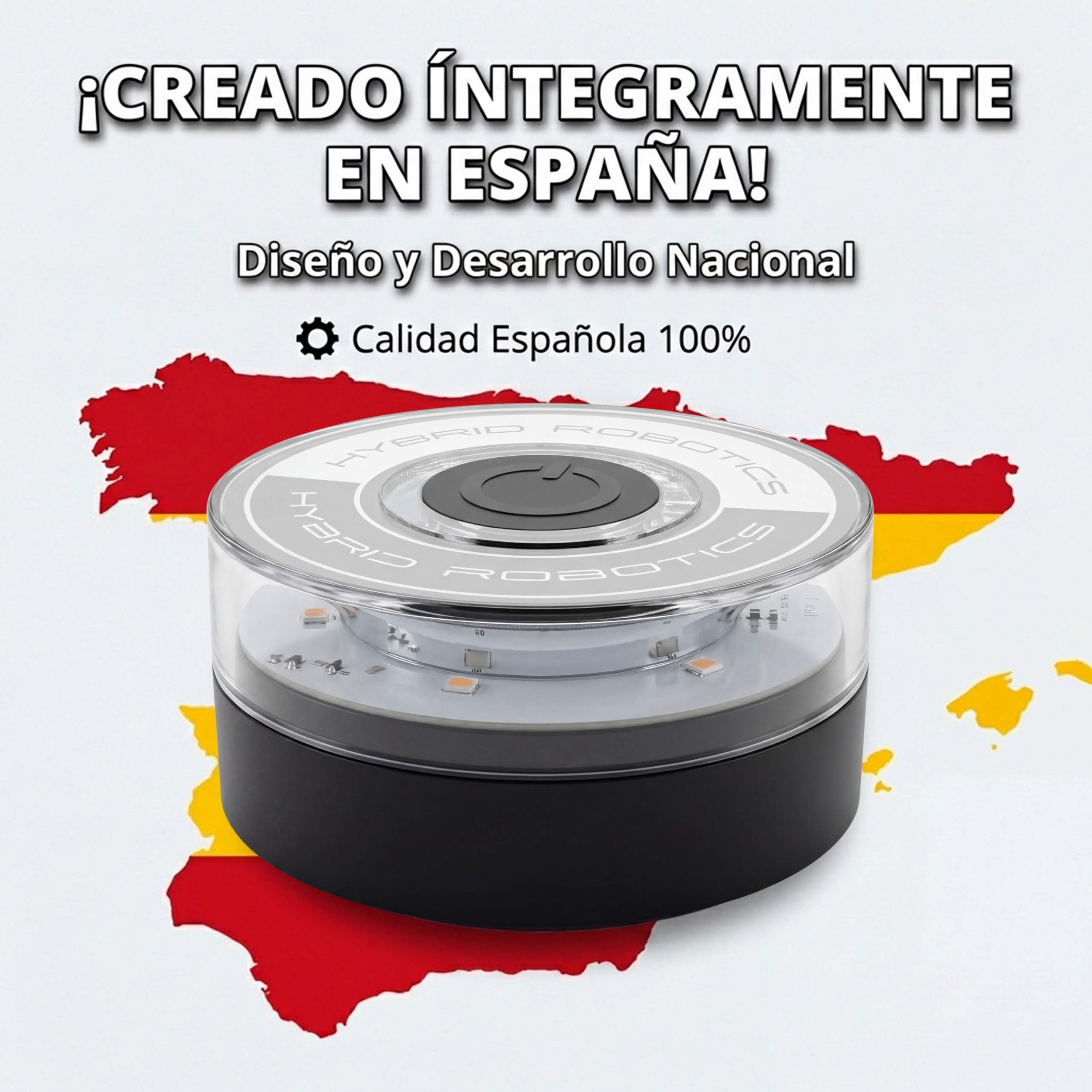 Un disco robótico negro con LEDs frente a un mapa de España. Texto promueve la fabricación española.