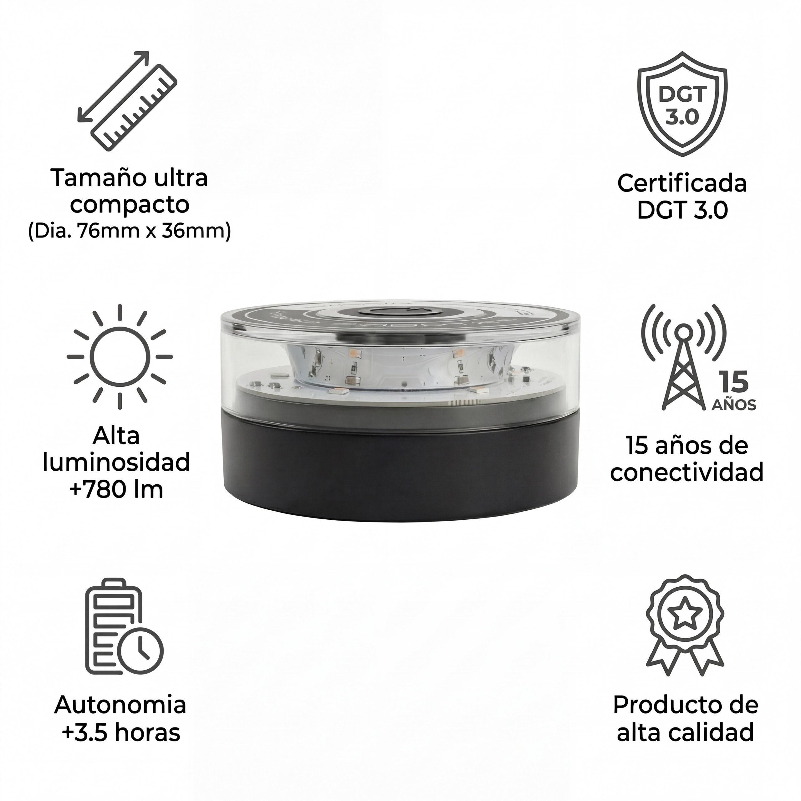 Luz compacta de alta luminosidad, certificada DGT 3.0, 15 años de conectividad.
