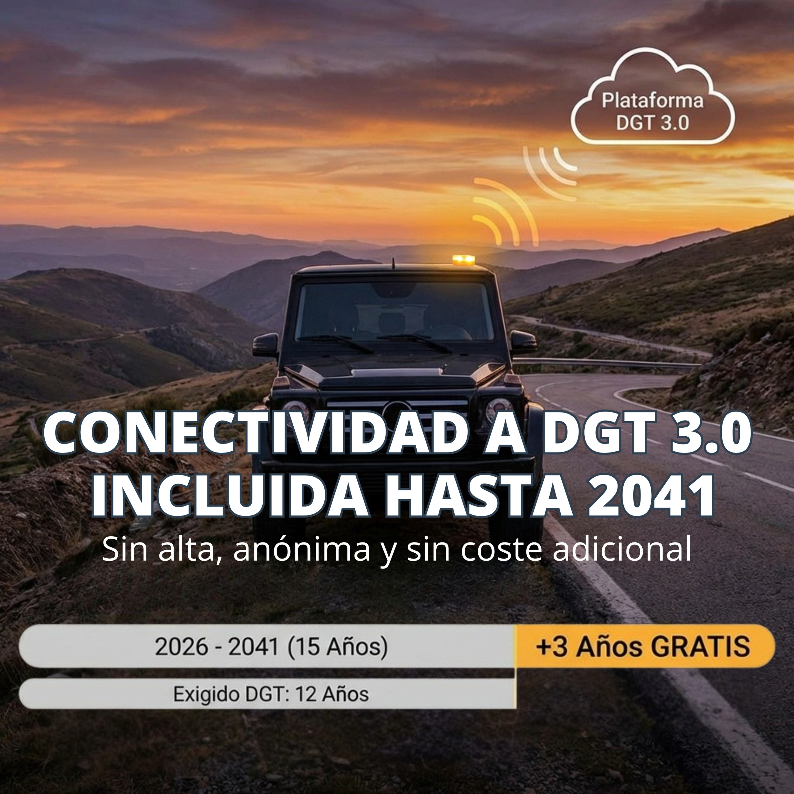 Un coche negro en carretera de montaña al atardecer. "Plataforma DGT 3.0"