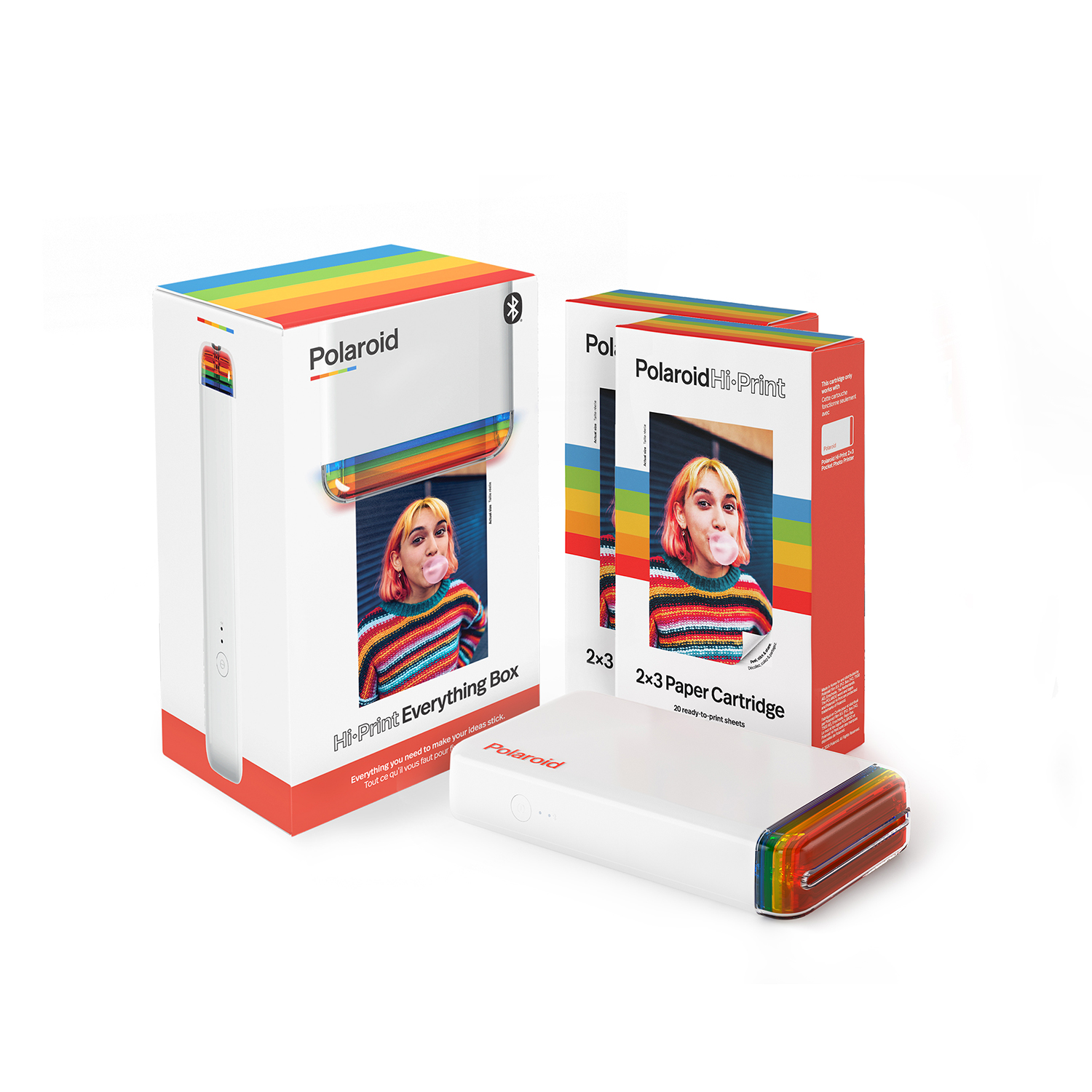 Scatole per stampante e cartuccia carta Polaroid Hi-Print con accenti arcobaleno.