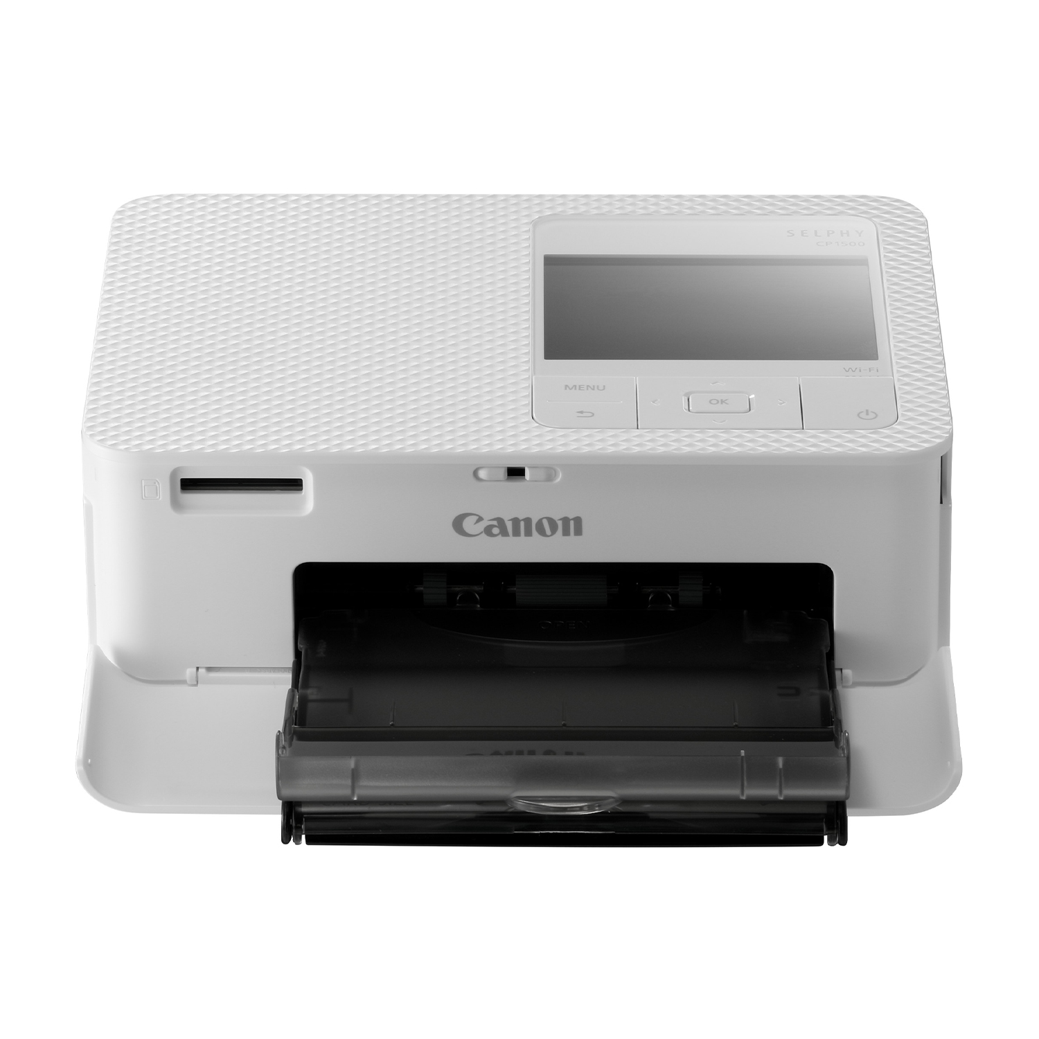 Una stampante fotografica Canon Selphy CP1500 bianca con il vassoio di uscita aperto.