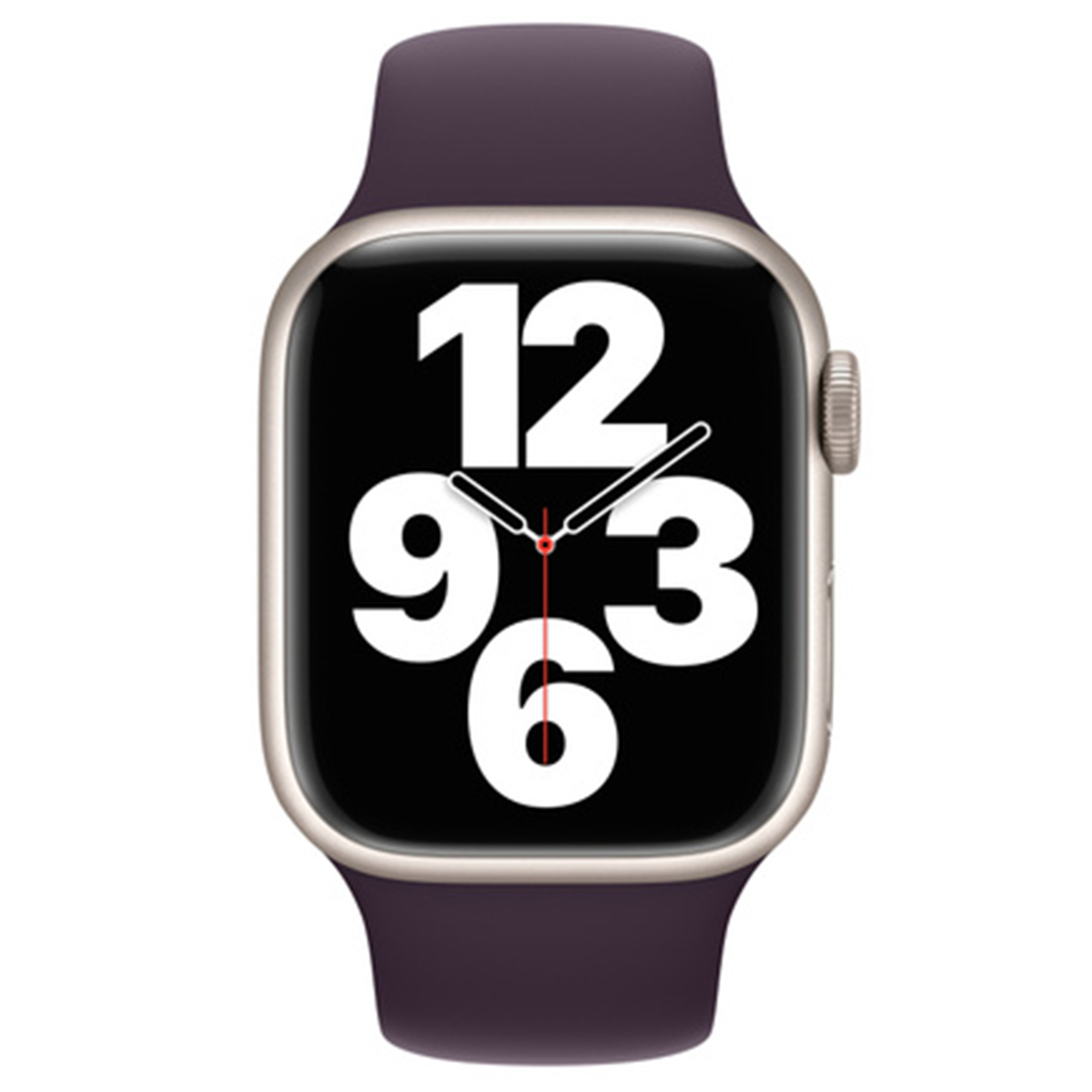 A silver smartwatch with a dark face and purple band.