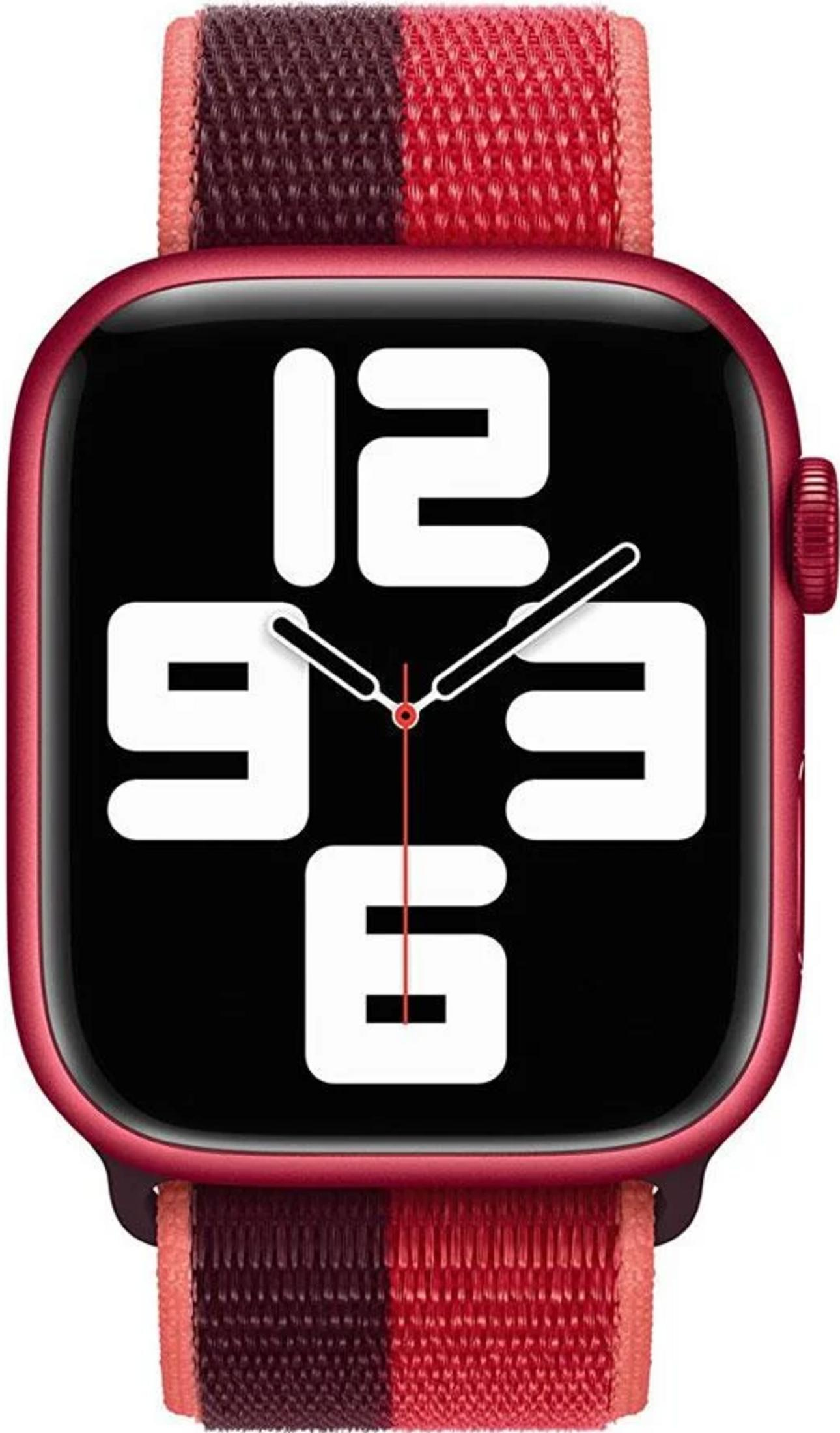 Montre connectée rouge avec cadran noir et bracelet coloré.