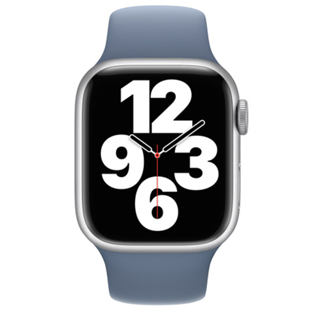 Een grijsblauw smartwatch met een groot scherm met grote witte cijfers.