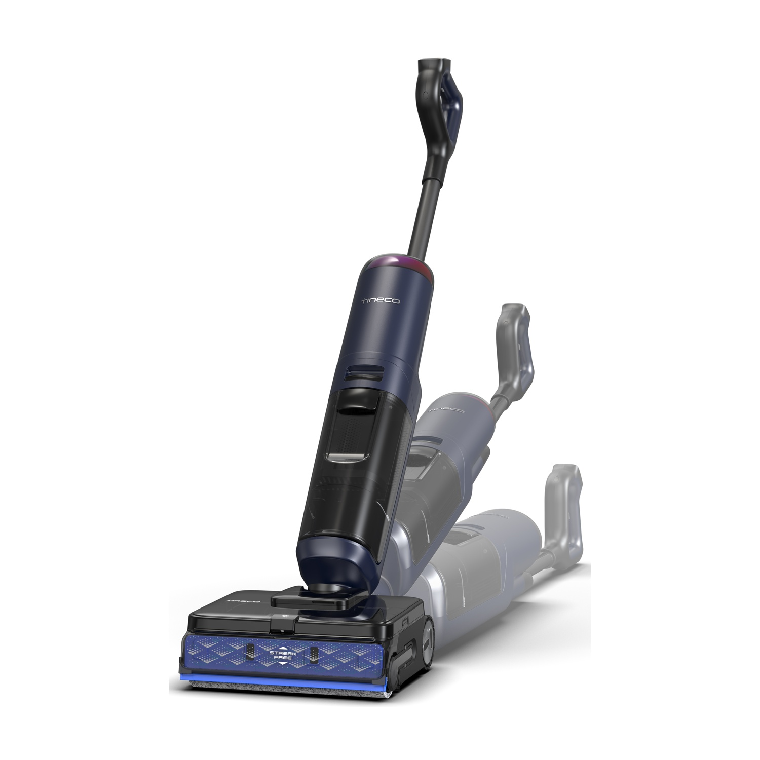 Ein dunkler, moderner Nass-/Trockensauger mit blauen Akzenten steht auf weißem Grund.