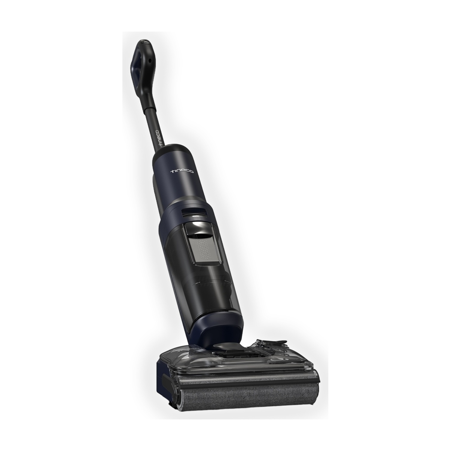 Ciemnoniebieski i czarny odkurzacz na mokro i sucho z wałkiem szczotkowym i uchwytem.