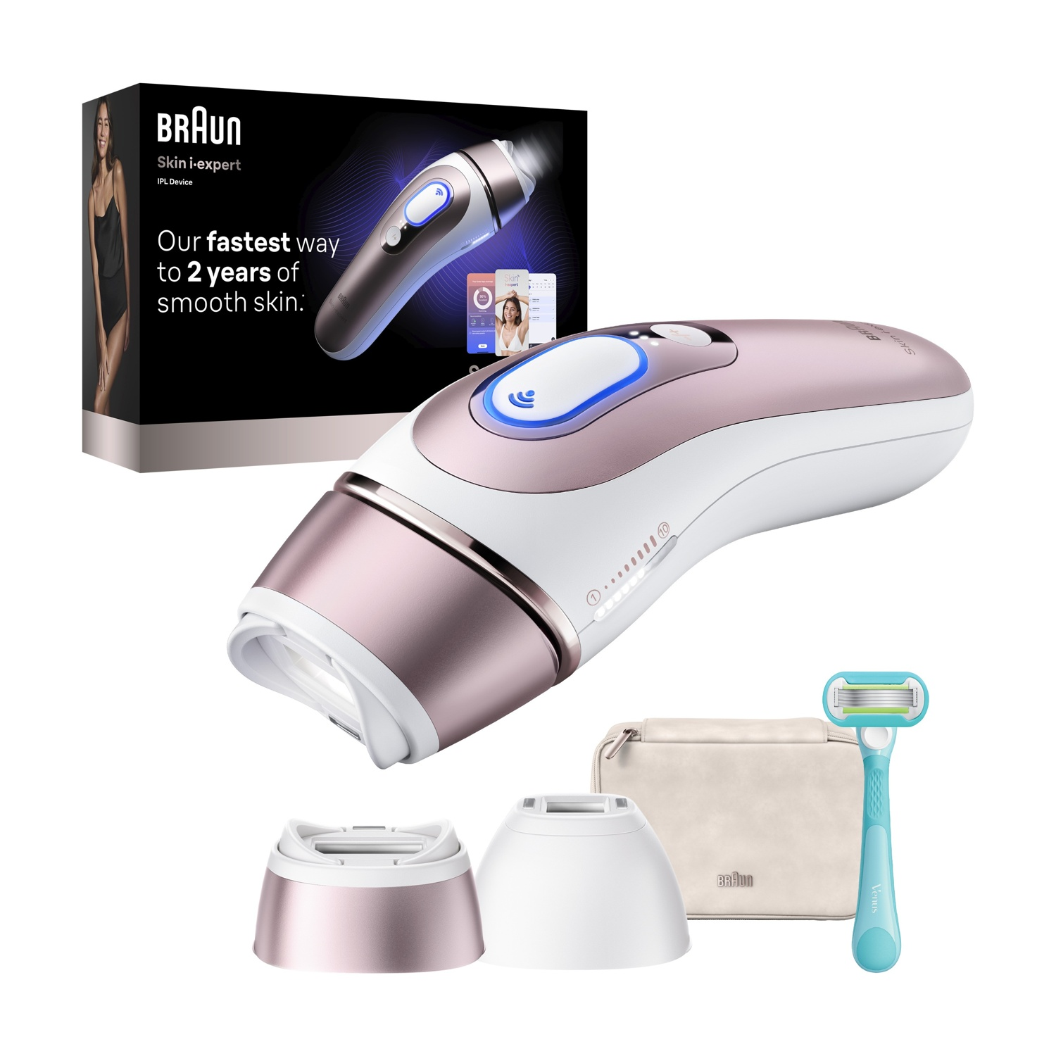 Un dispositivo IPL Braun con accesorios: maquinilla, neceser y adaptadores.