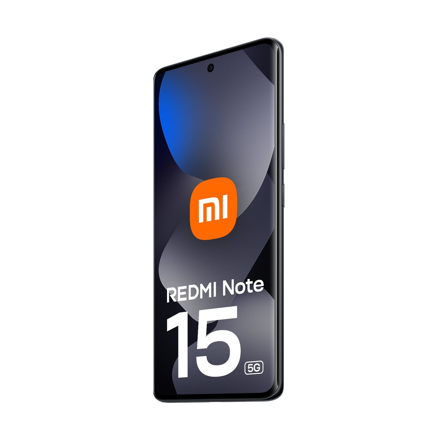 Uno smartphone Xiaomi Redmi Note 15 5G nero con logo Mi arancione.