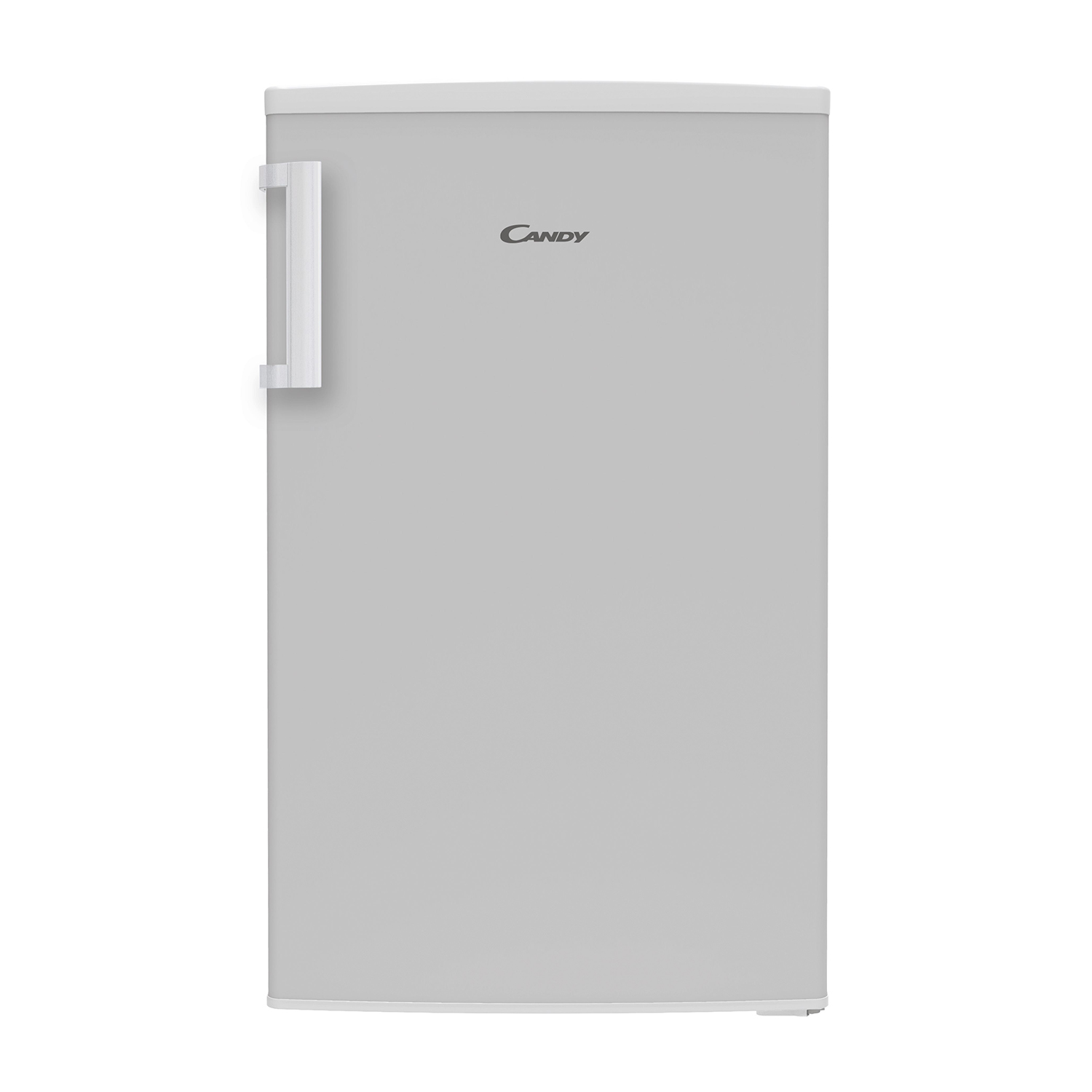 Ein schlichter, grauer Kühlschrank mit weißem Griff und Candy-Logo.