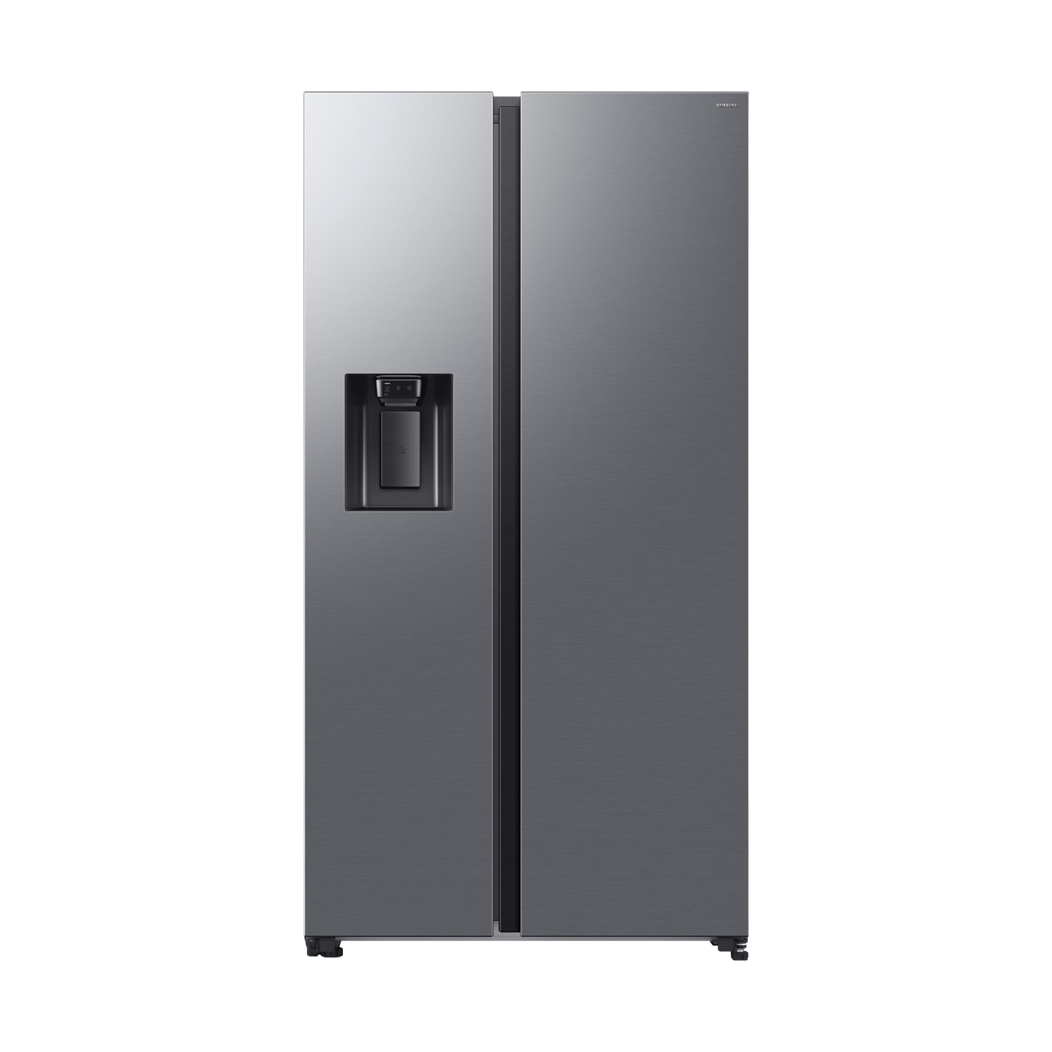 Ein doppelter Kühlschrank in Dunkelgrau mit Wasserspender.