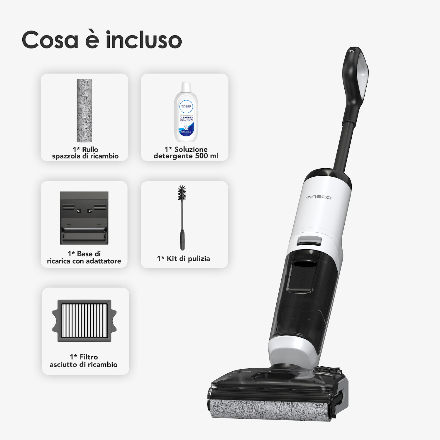 Odkurzacz do podłóg z akcesoriami: wałek, płyn, stacja ładująca, szczotka, filtr.