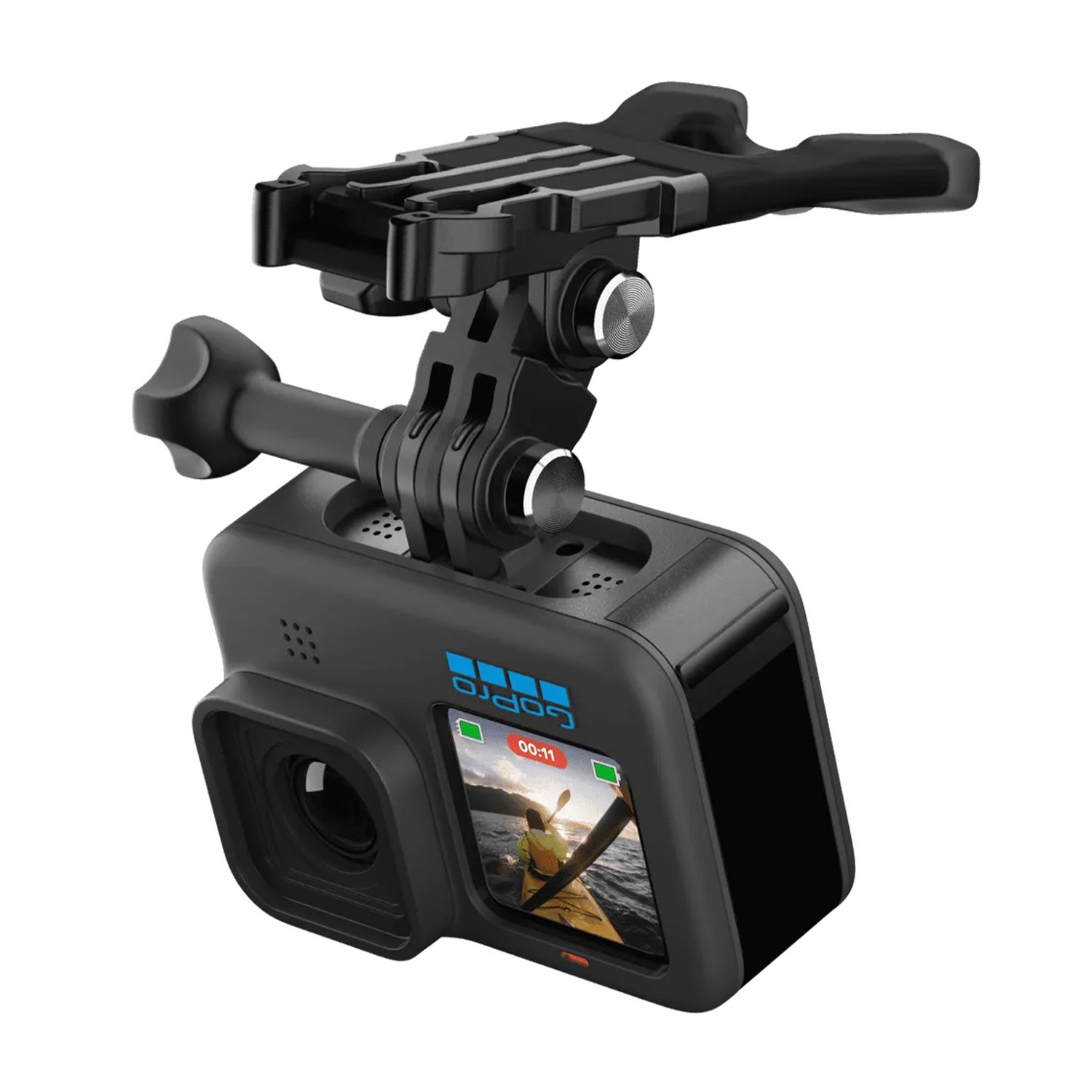 GoPro negra con soporte, muestra video de persona en kayak en pantalla.