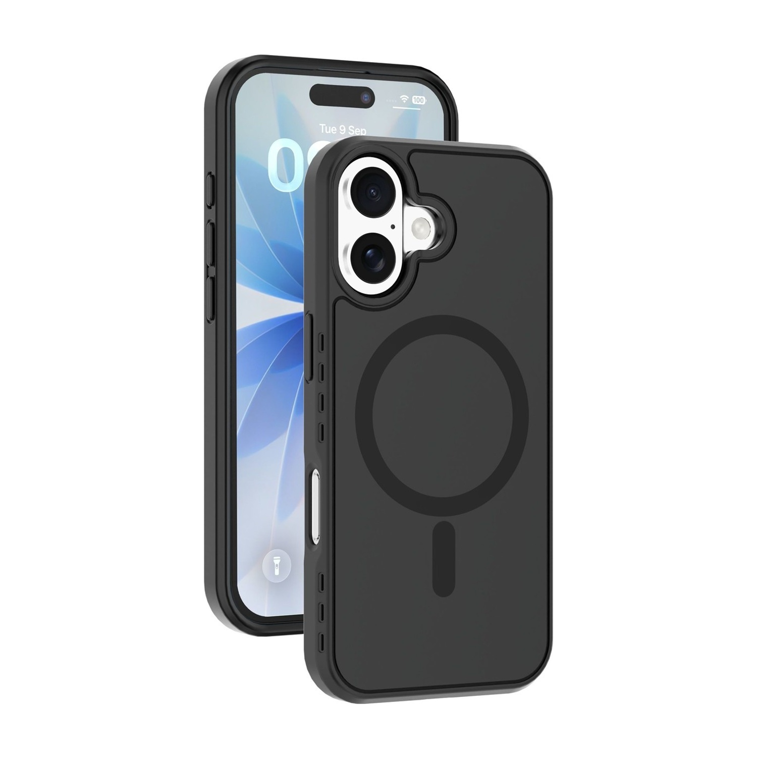 Schwarzes iPhone mit Hülle, das sich dreht. Weiße Schrift auf dem Bildschirm.
