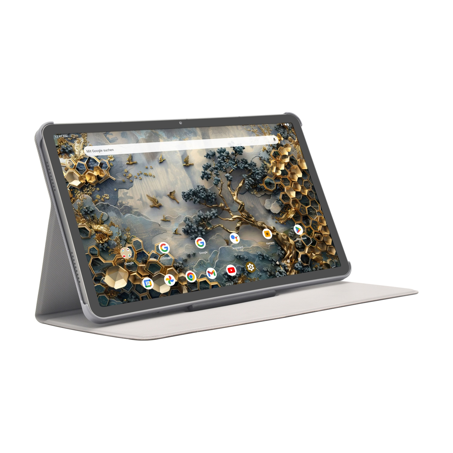 Ein Tablet mit einer eleganten Hülle, das aufrecht steht und einen dekorativen Bildschirm hat.