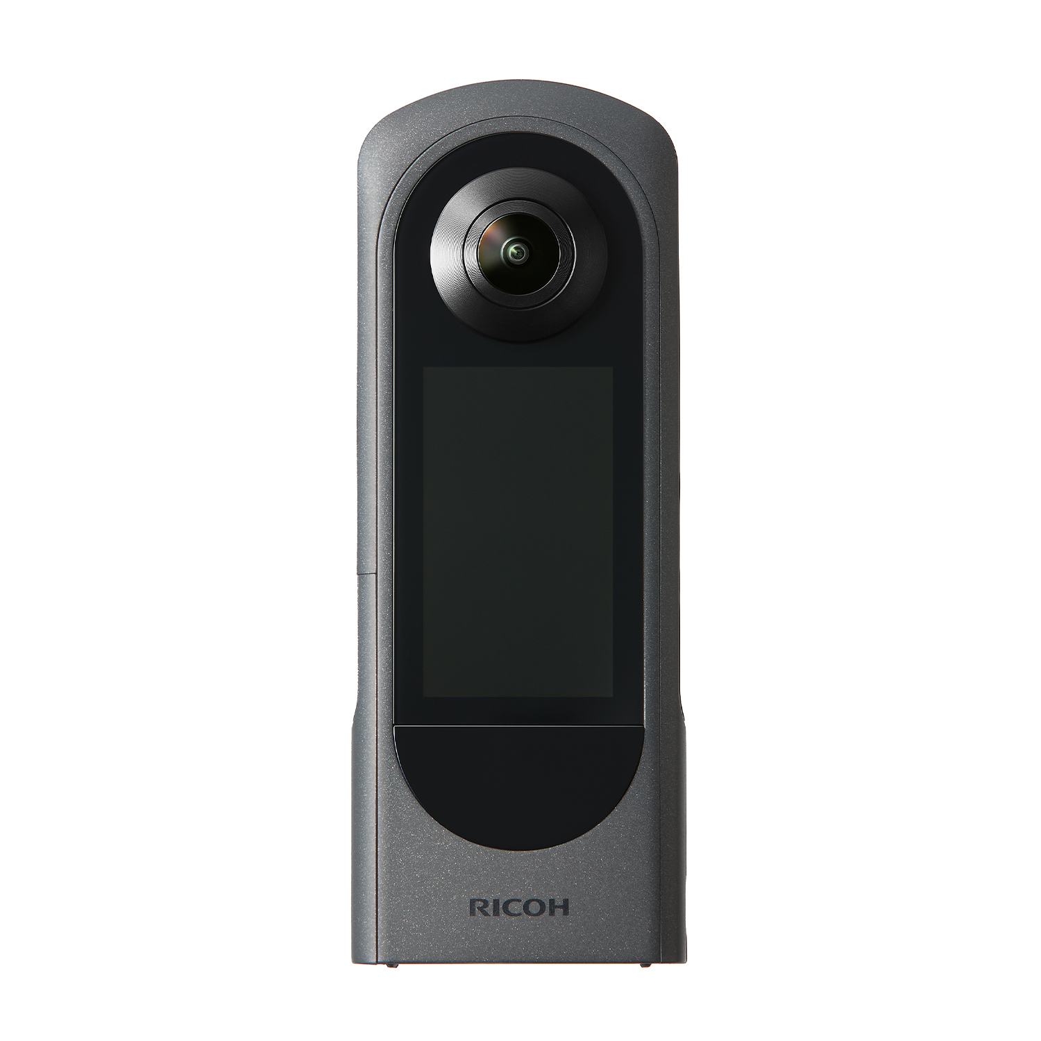Un dispositivo de cámara gris de 360 grados con lente y pantalla.