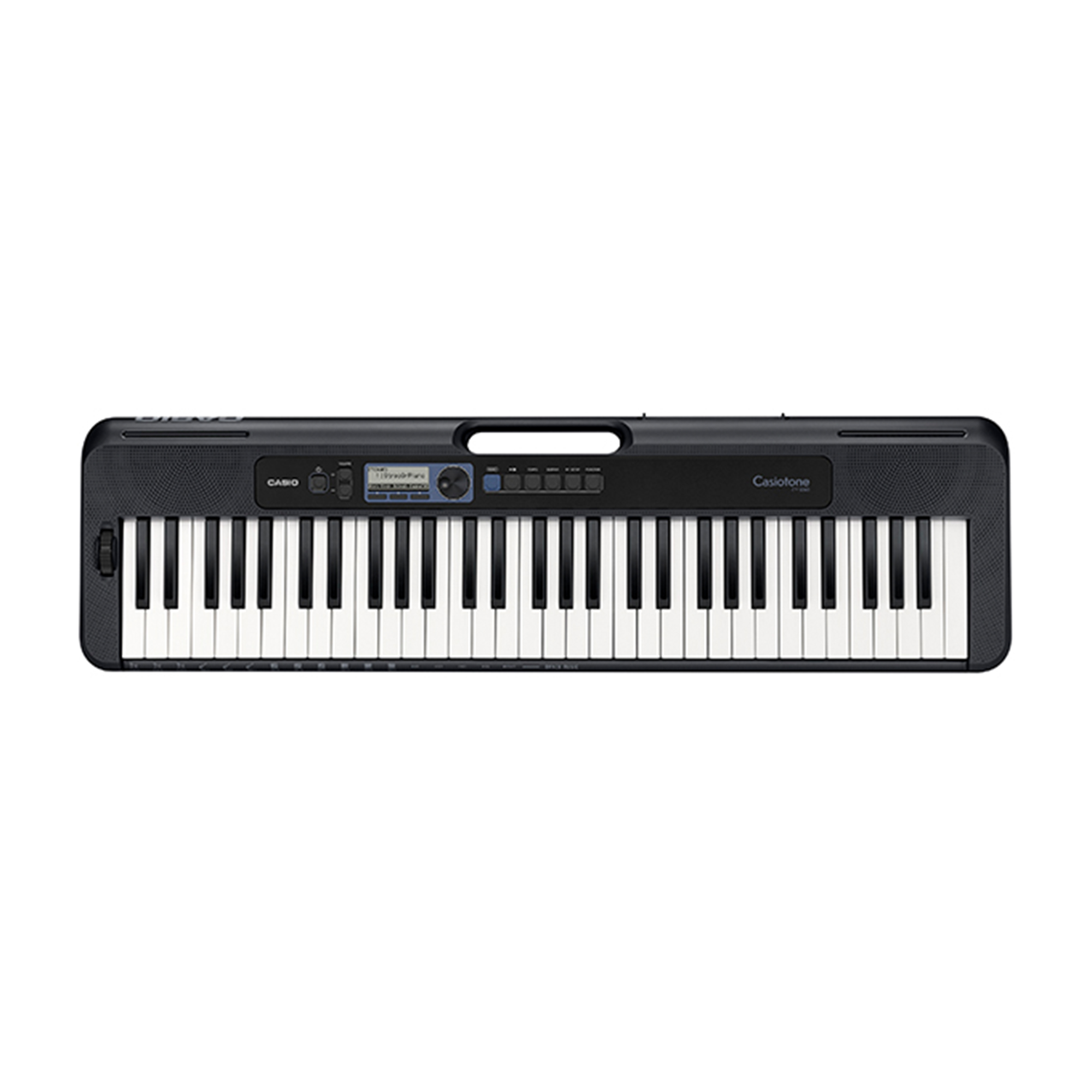 Czarna klawiatura Casio z uchwytem, klawiszami i panelem sterowania.