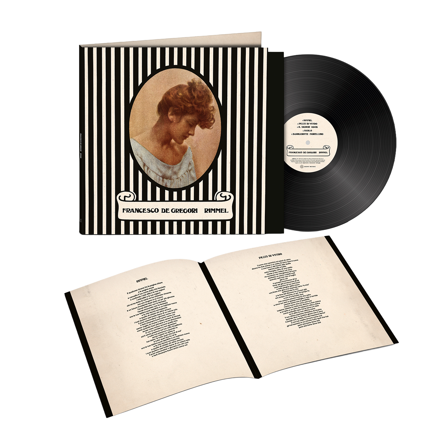 Vinylplaat met hoes: Portret van een vrouw, zwart-witte strepen, songlijst.