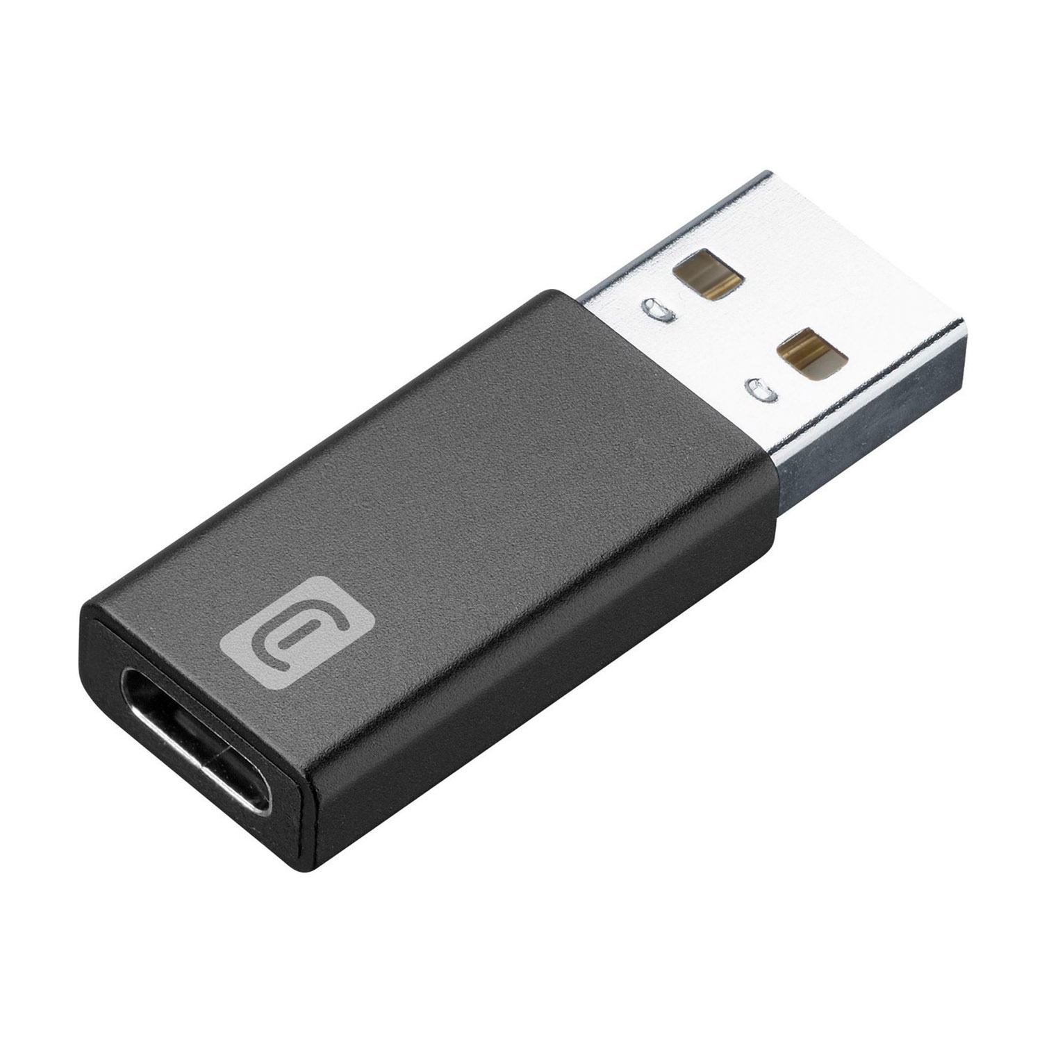 Ein schwarzer USB-C-zu-USB-Adapter mit silbernem USB-A-Stecker.
