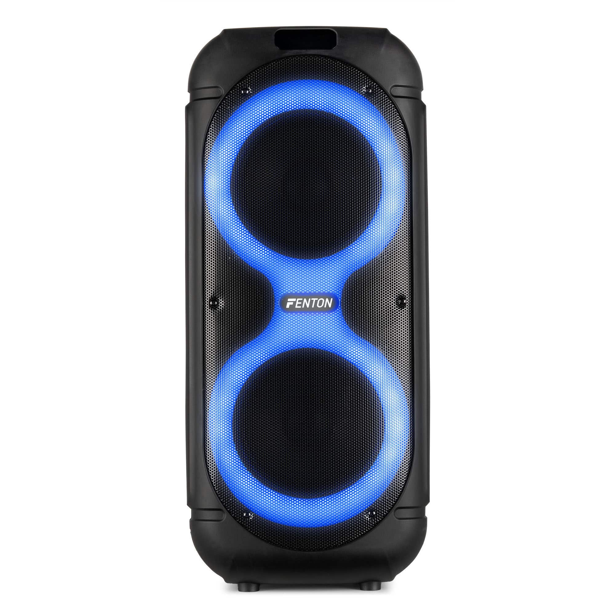 Altavoz negro con anillos LED azules sobre fondo blanco.