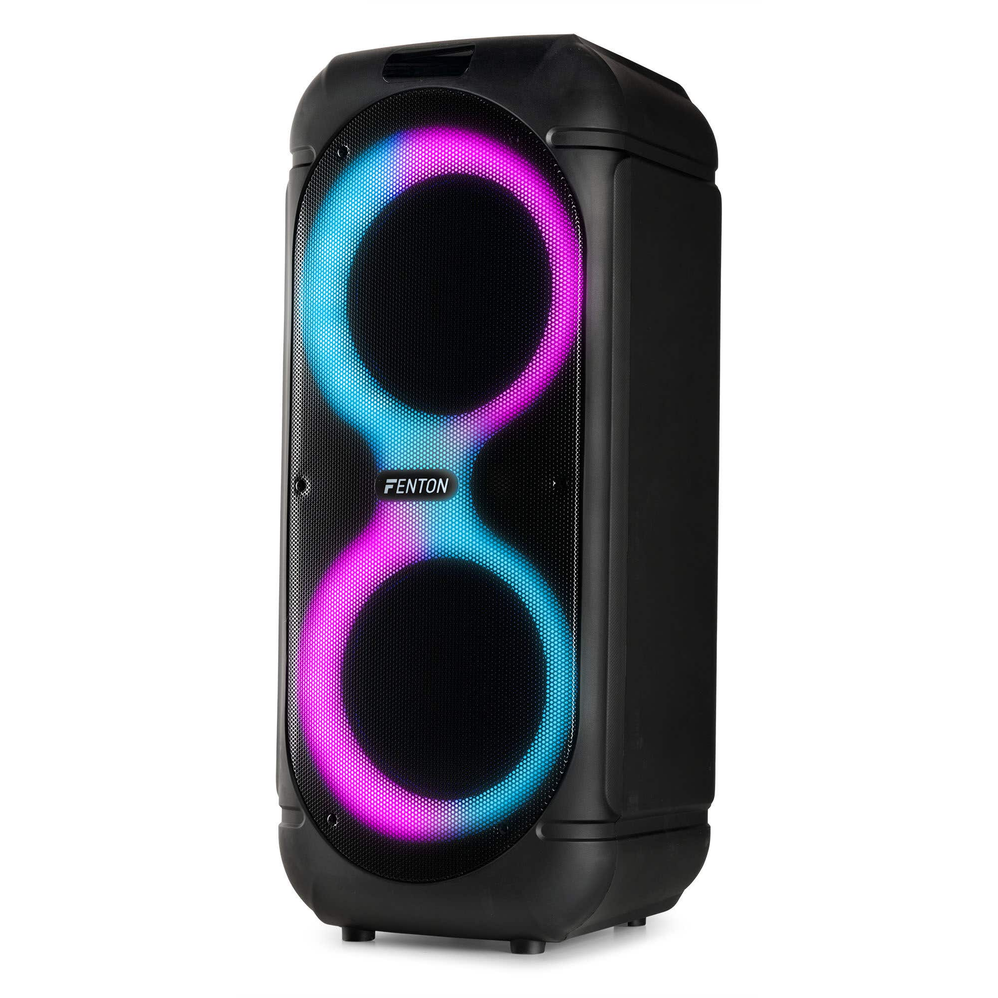 Altavoz negro con anillos brillantes en azul y rosa.