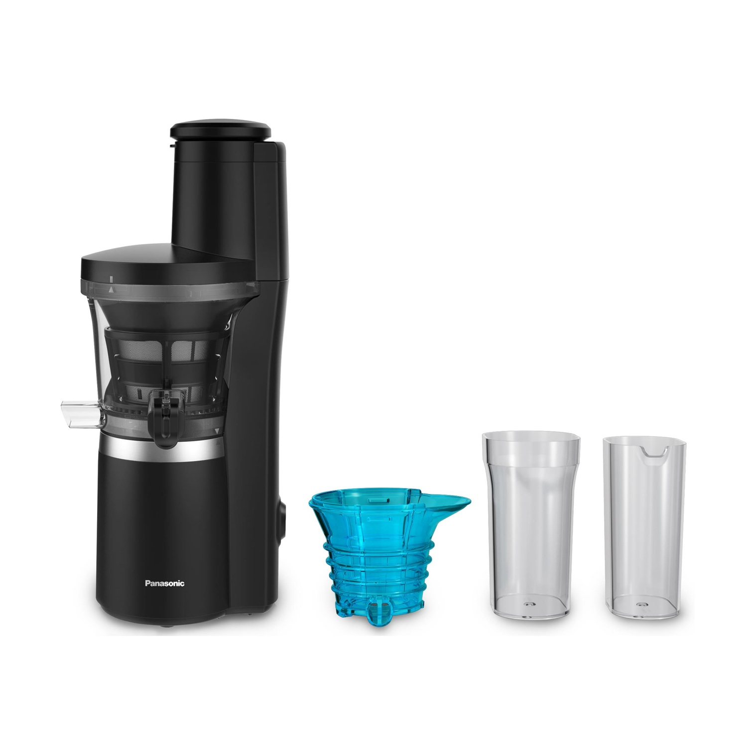 Czarna wyciskarka z niebieskim wkładem i dwoma przezroczystymi pojemnikami.