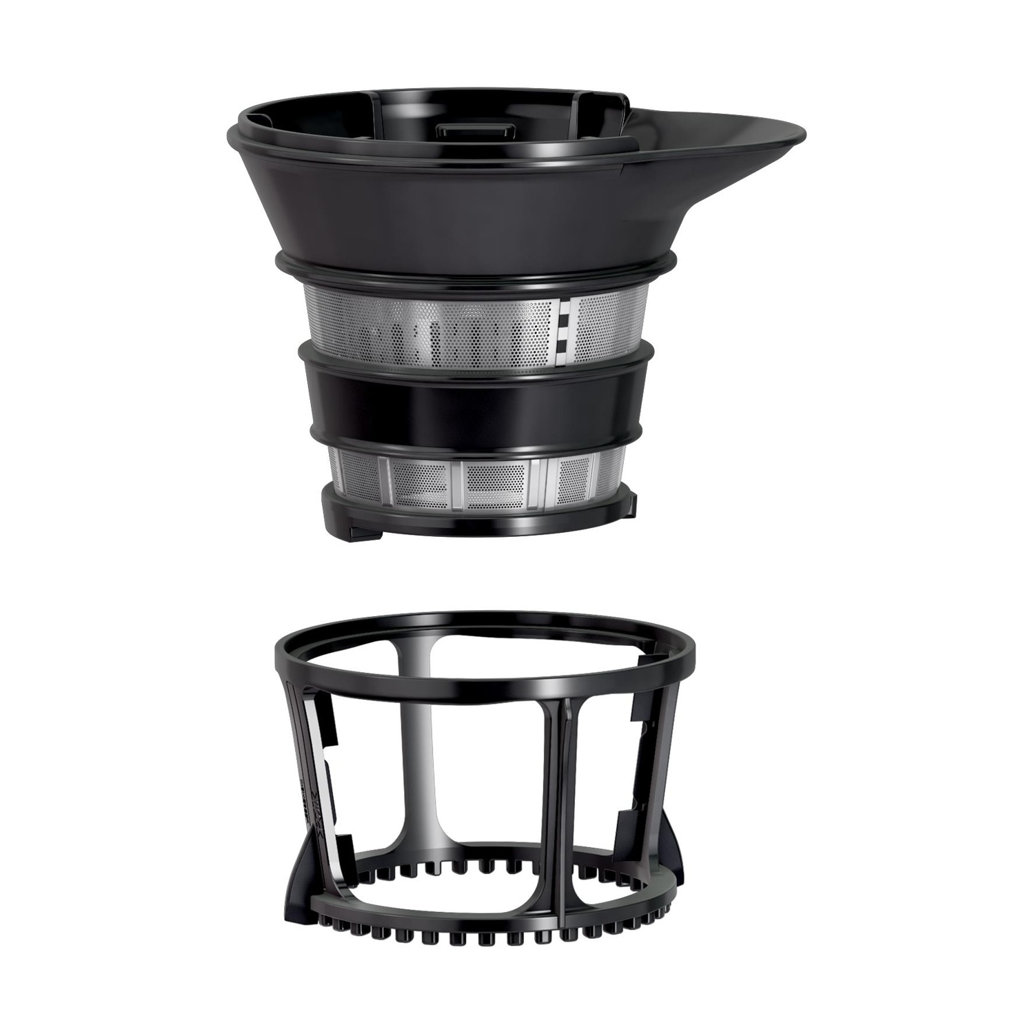 Rozłożony czarny element wyciskarki z sitkiem i koszem.