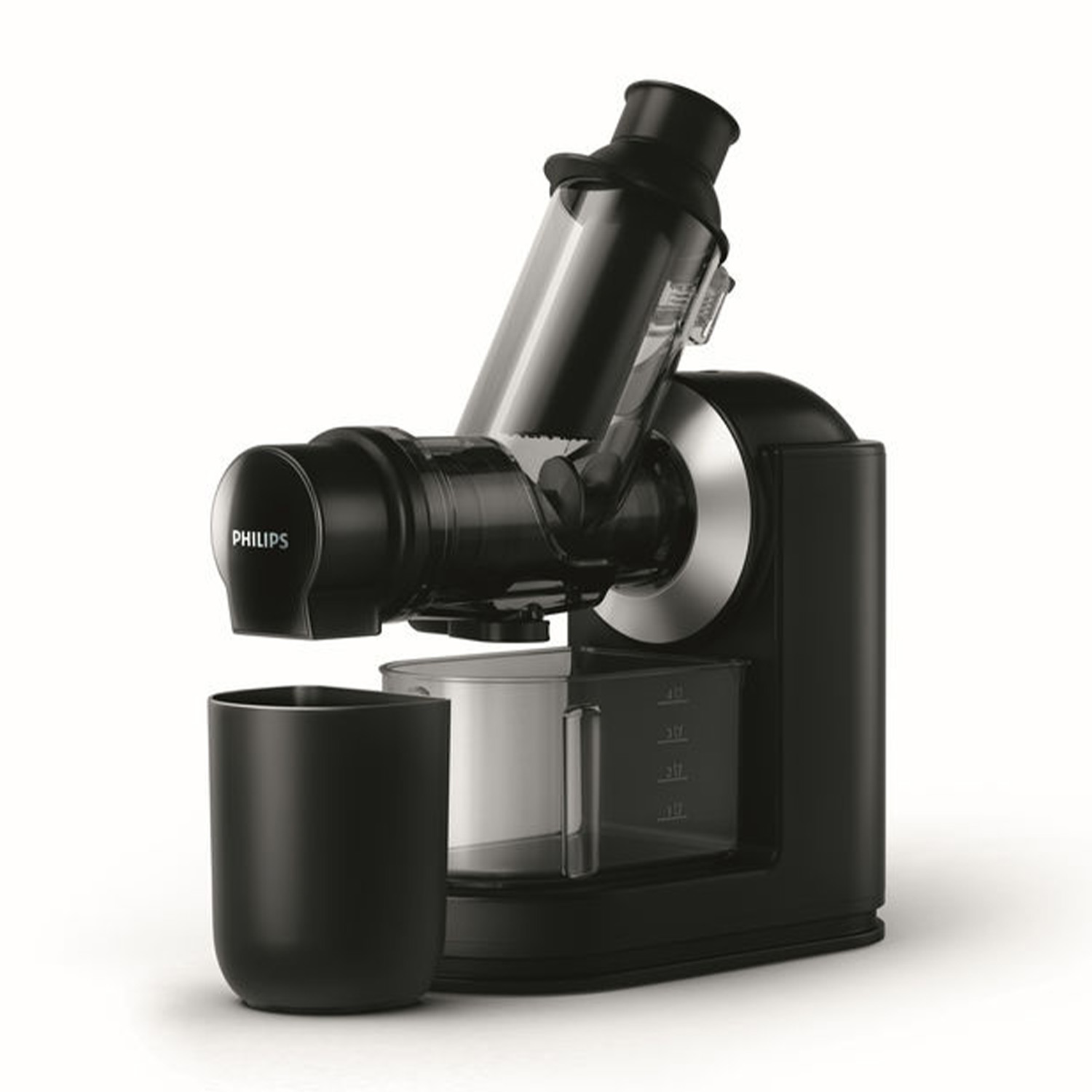 Czarna wyciskarka Philips z czarnym kubkiem.