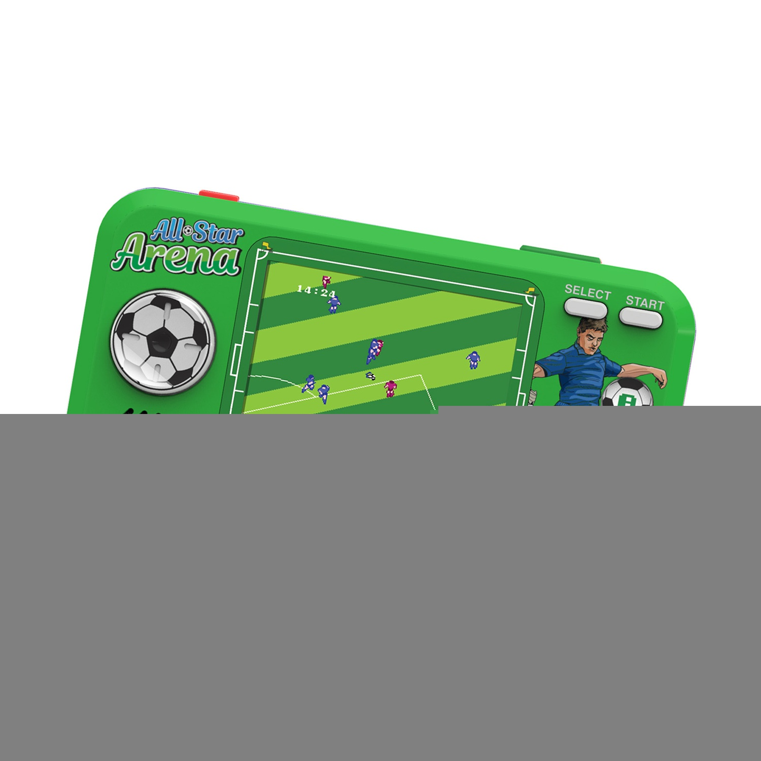 Un juego de fútbol portátil verde con gráficos pixelados y jugadores.