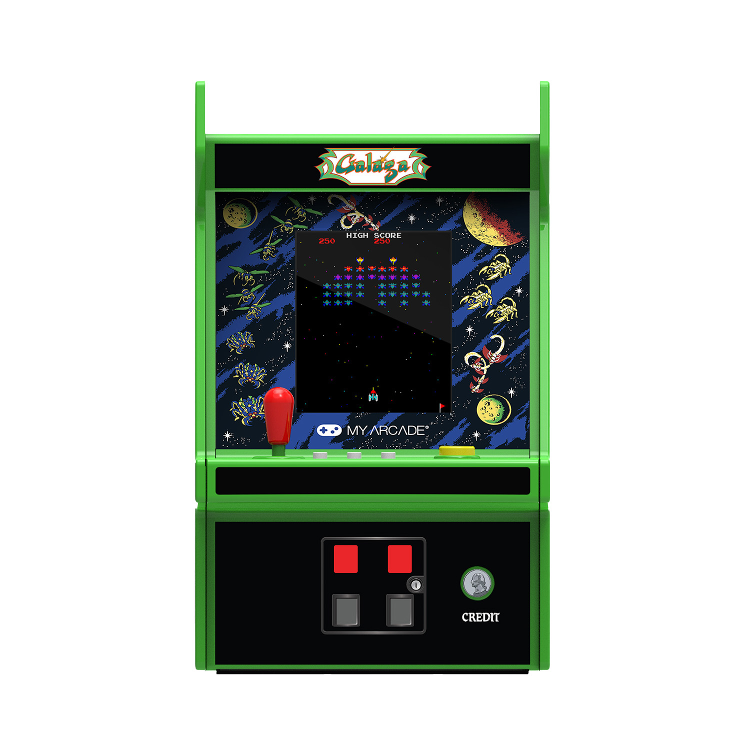 Máquina recreativa verde Galaga con joystick, botones y pantalla mostrando alienígenas pixelados.