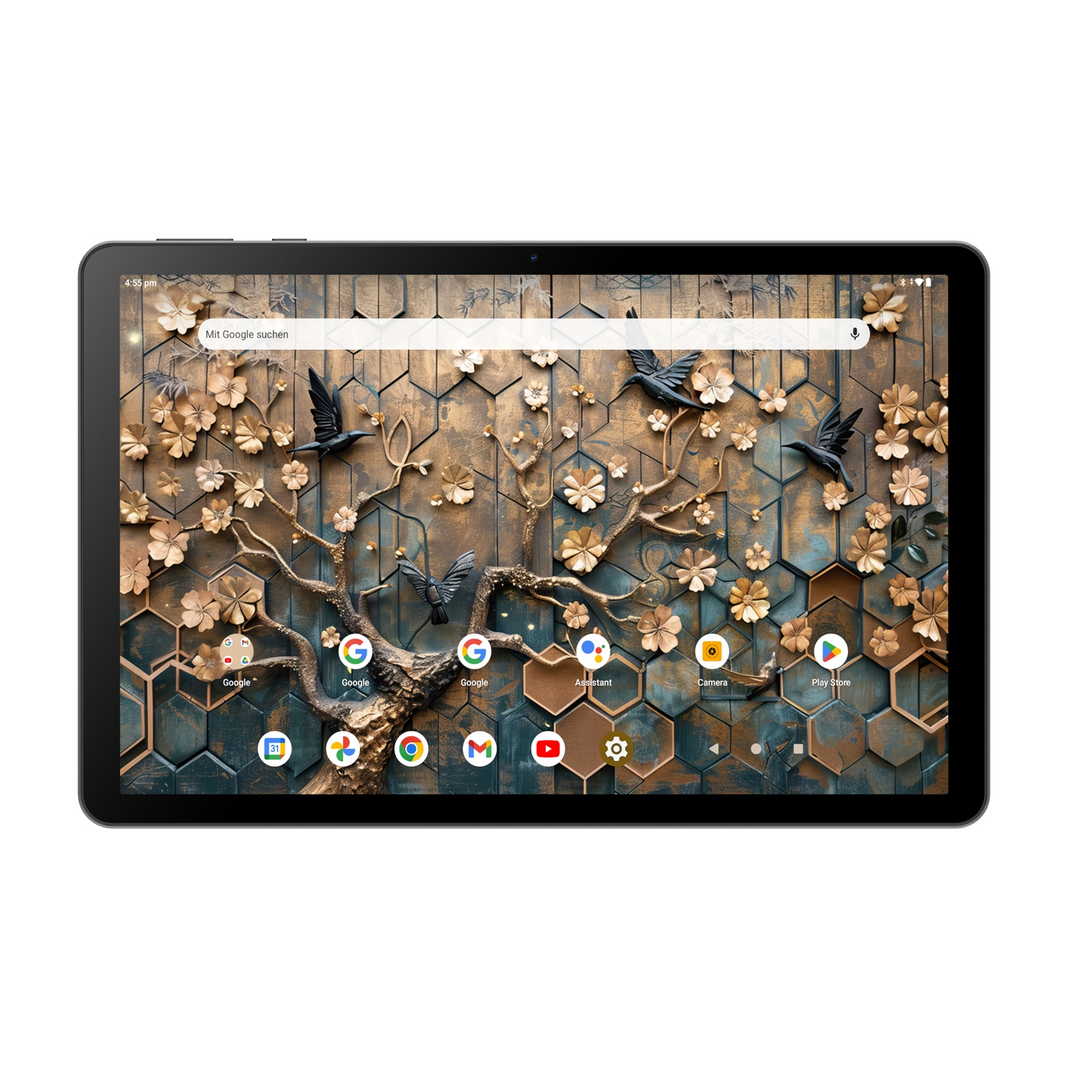 Ein Tablet mit einem kunstvollen Hintergrund mit Vögeln und Blumen. Mehrere Google-Apps sind sichtbar.