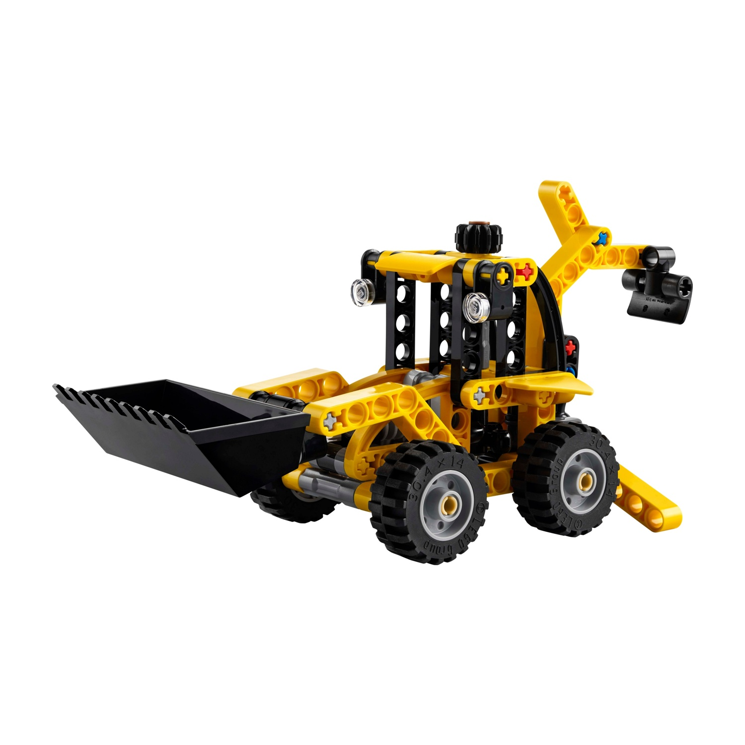 Żółta ładowarka z klocków z czarną łyżką i kołami.