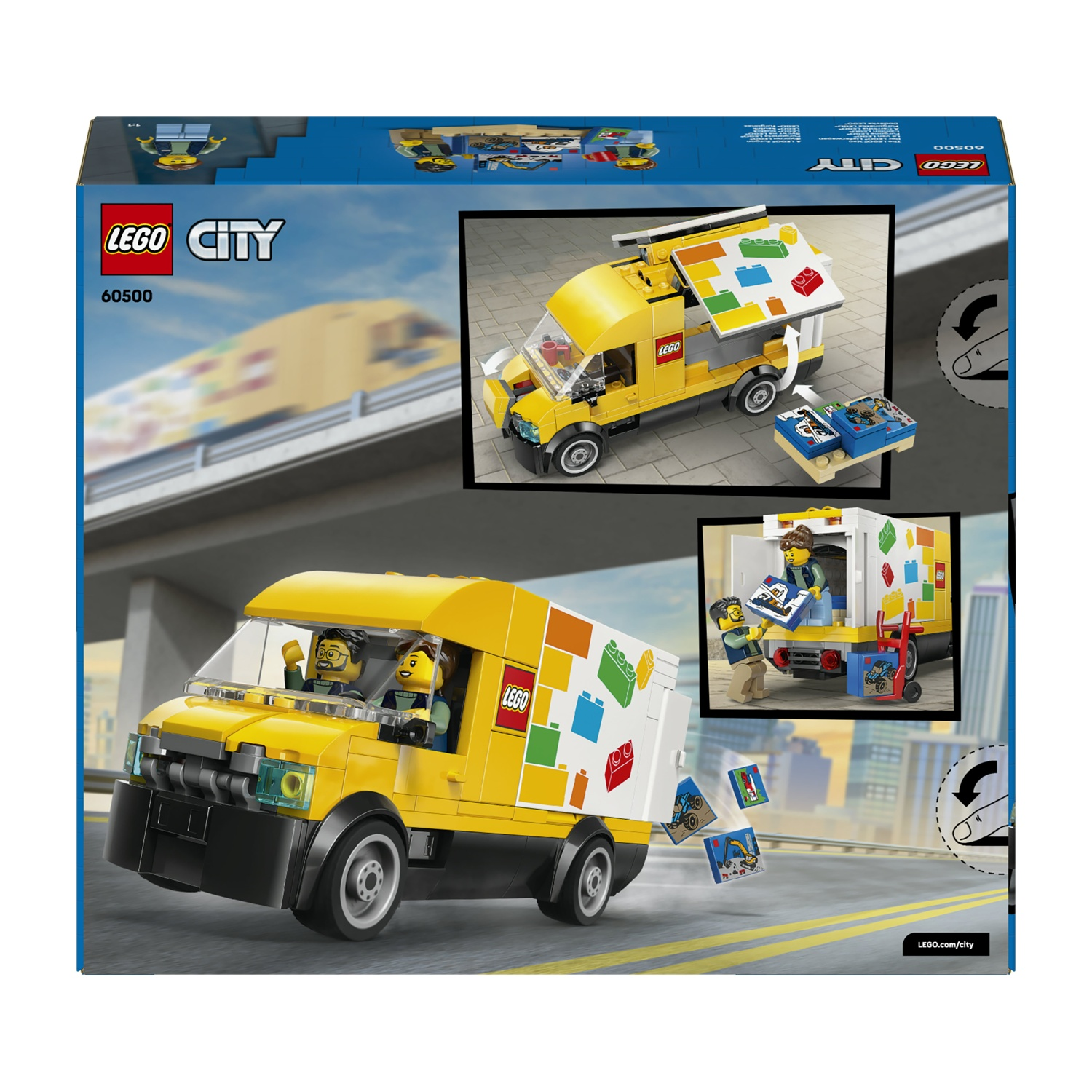 Żółty van LEGO City z kolorowymi klockami, dwiema figurkami i zabawkami.