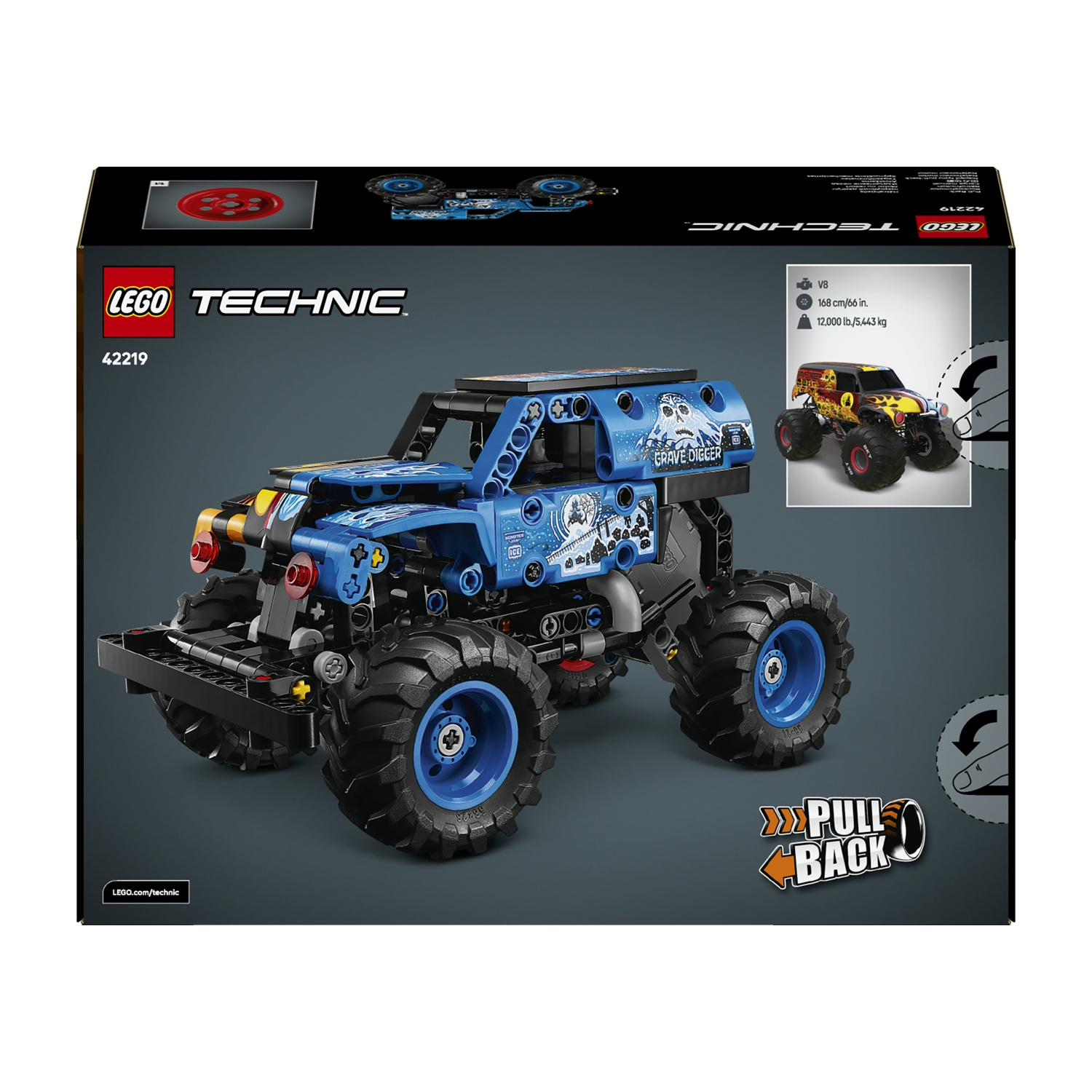 Niebieski monster truck LEGO Technic z dużymi kołami, z napisem "Grave Digger".