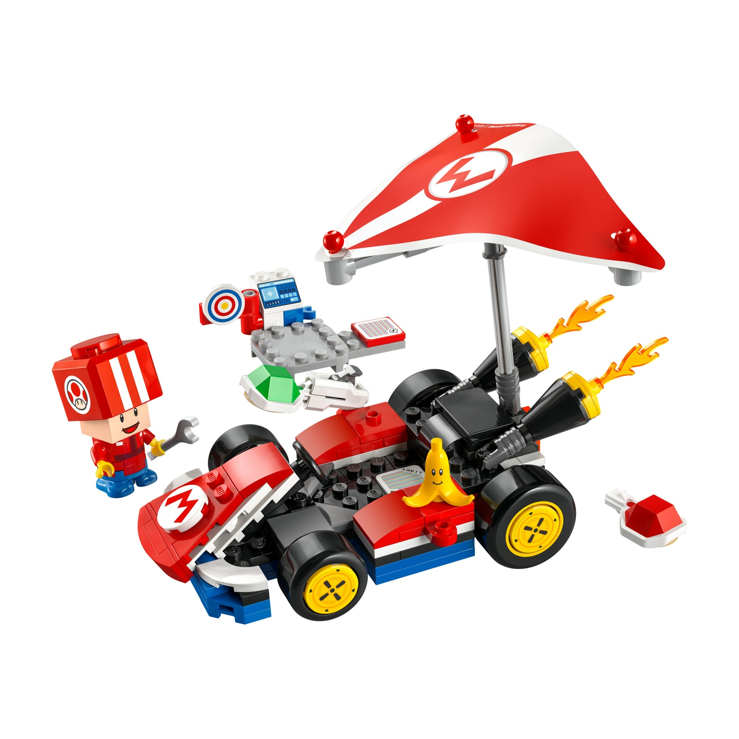 Lego Mario Kart z postacią, kluczem, tarczą i bananem.