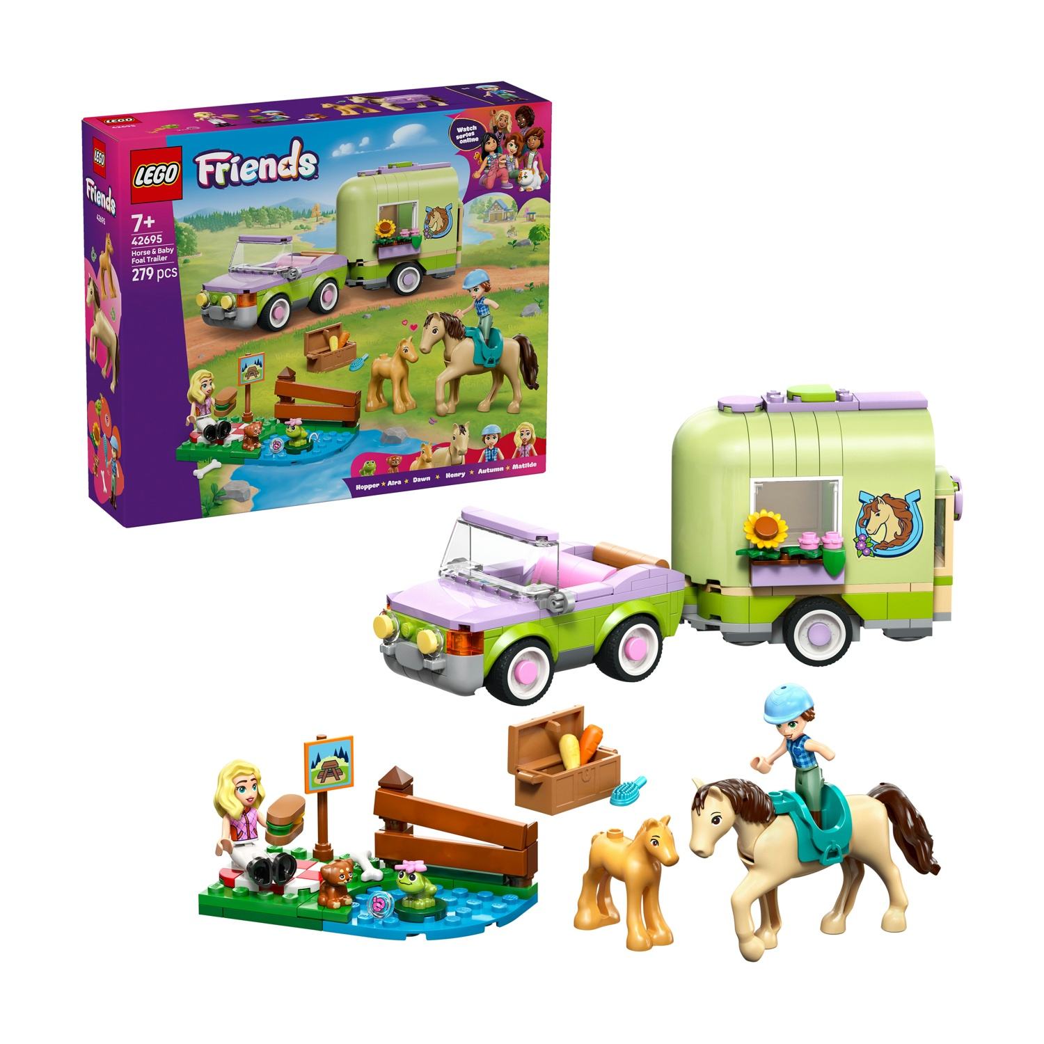 Przyczepa dla koni LEGO Friends z jeźdźcem, źrebięciem, samochodem i akcesoriami nad wodą.