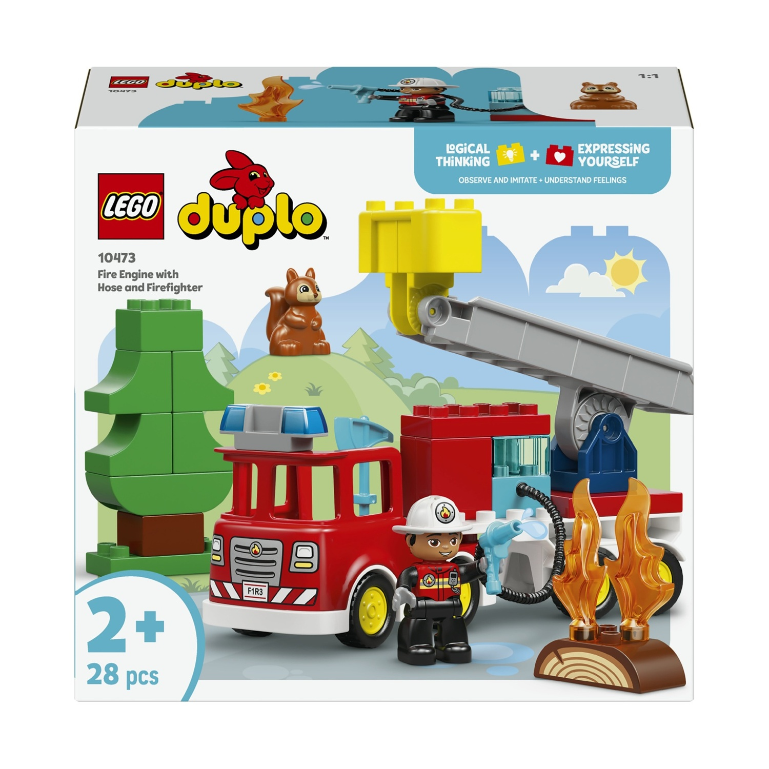 Wóz strażacki LEGO Duplo z wężem i strażakiem, drzewo, wiewiórka.