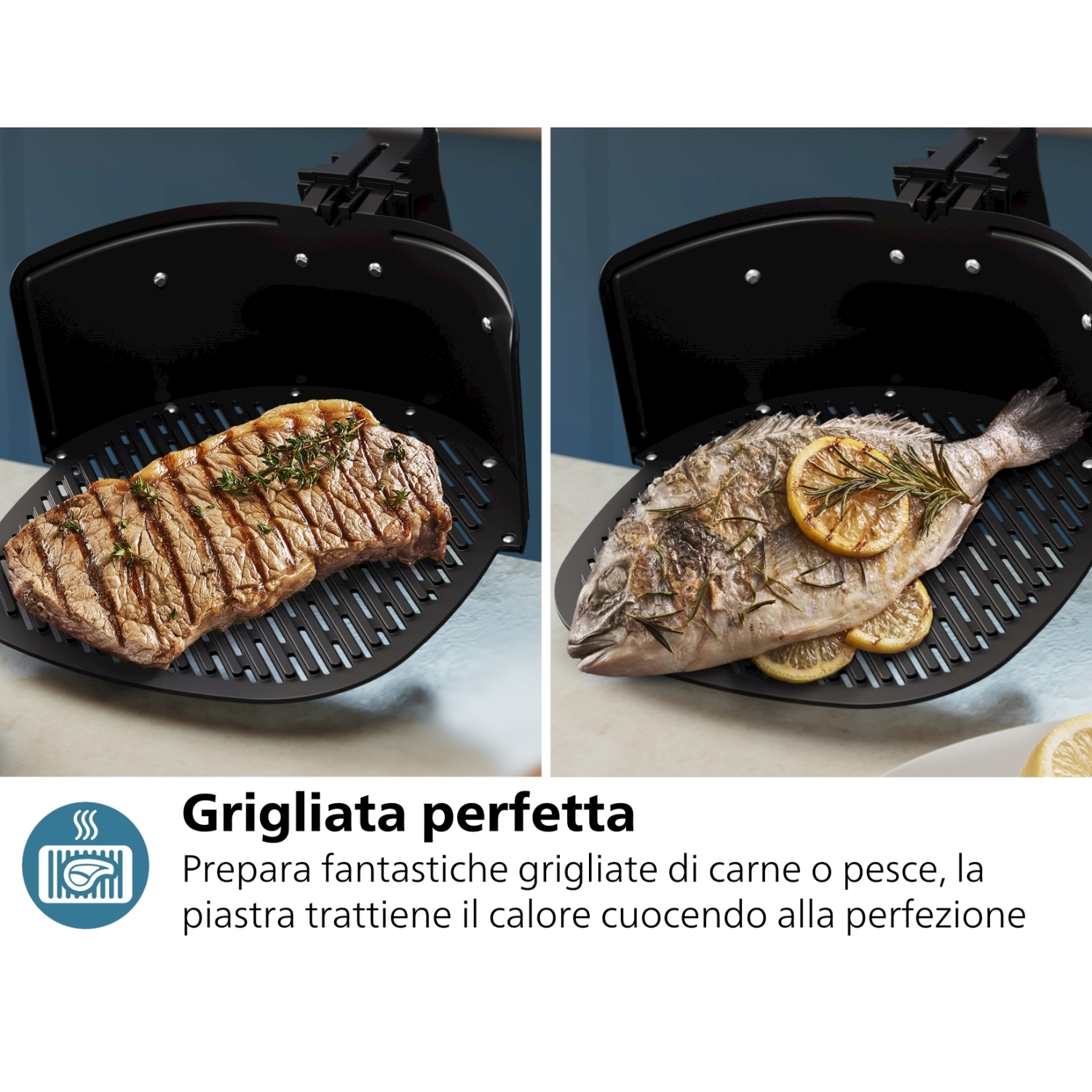 Gegrilltes Steak und Fisch mit Zitrone auf einem Grill