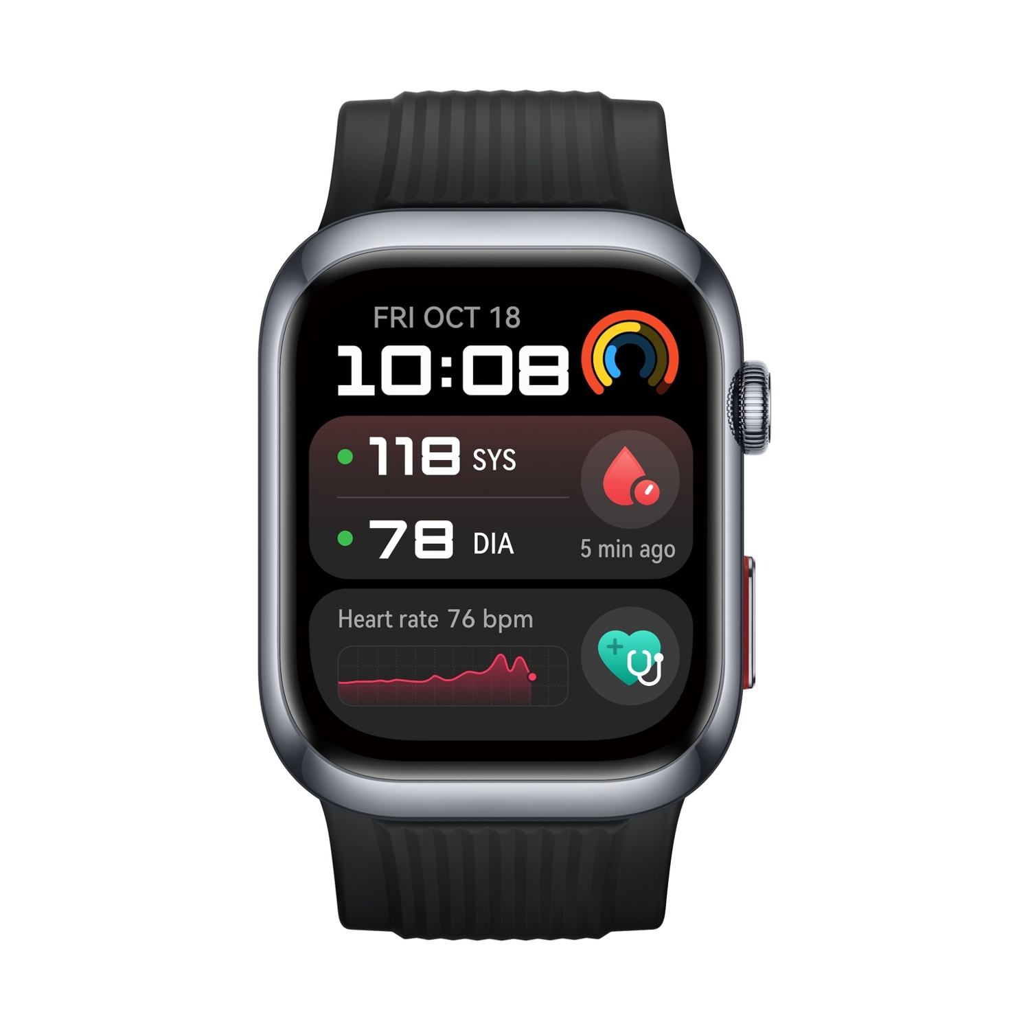 Une montre connectée affiche la date, l'heure, la tension artérielle et le rythme cardiaque.