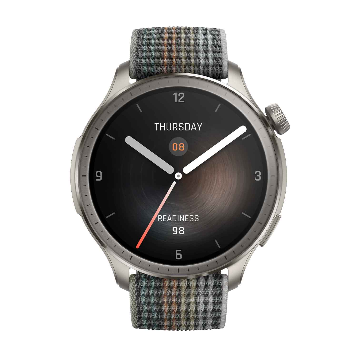 Szary smartwatch w kratę z cyfrowym wyświetlaczem.