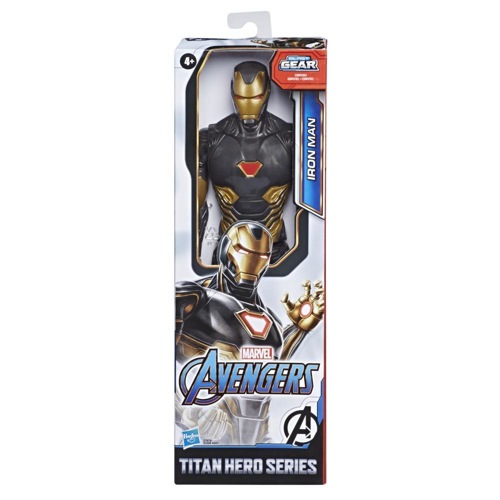 Action figure di Iron Man in armatura nera e dorata, nella confezione della serie Avengers Titan Hero.