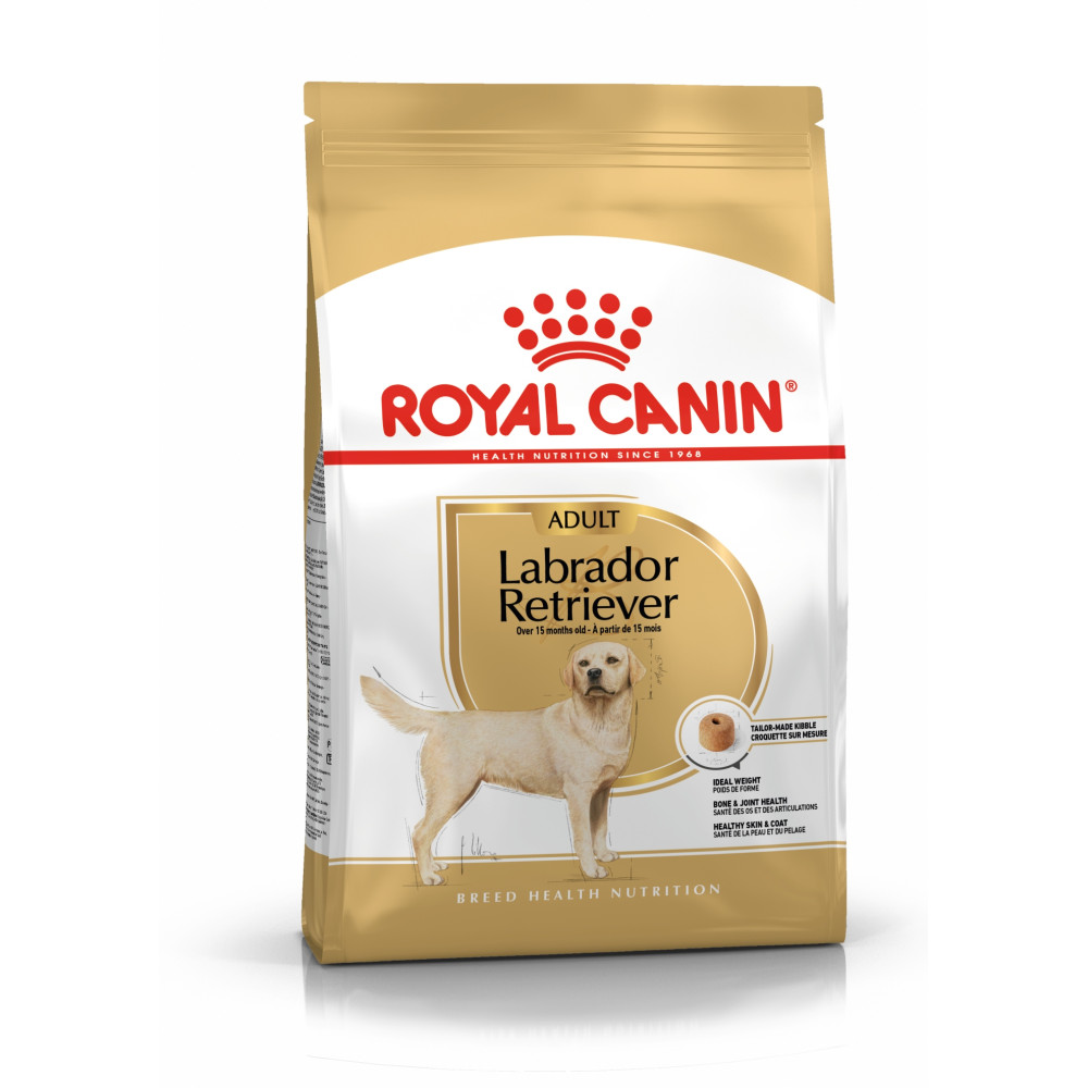 Złota torba karmy dla psów Royal Canin Labrador Retriever z wizerunkiem Labradora.
