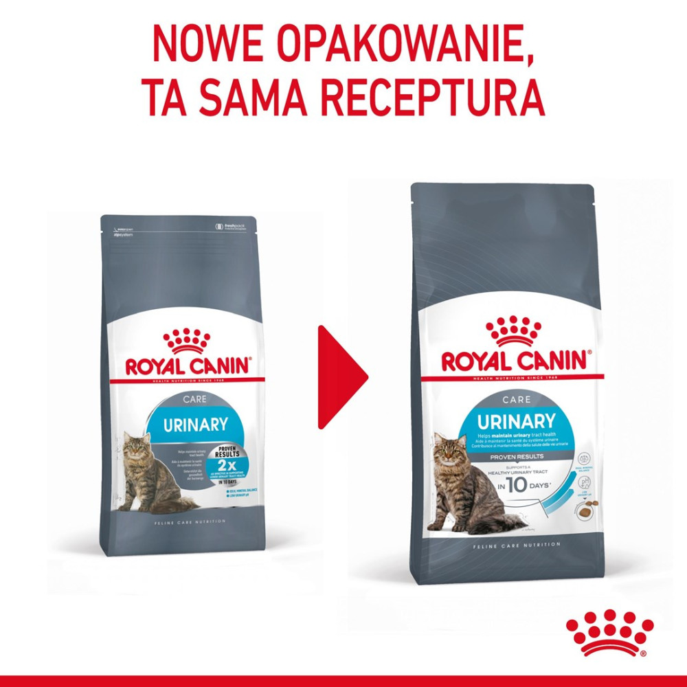 Dwie torby karmy dla kotów Royal Canin Urinary, stara i nowa.