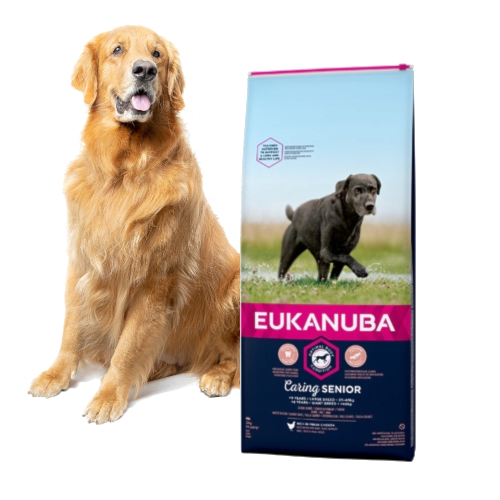 Un golden retriever se sienta junto a una bolsa de comida para perros Eukanuba con un perro negro.