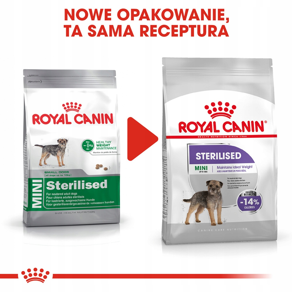 Dwa worki karmy dla psów Royal Canin. Tekst: Nowe opakowanie, ta sama receptura.