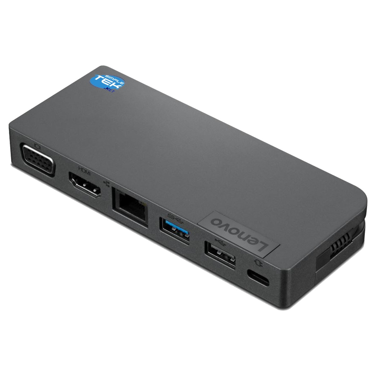 Hub di docking Lenovo grigio con porte VGA, HDMI, Ethernet e USB.